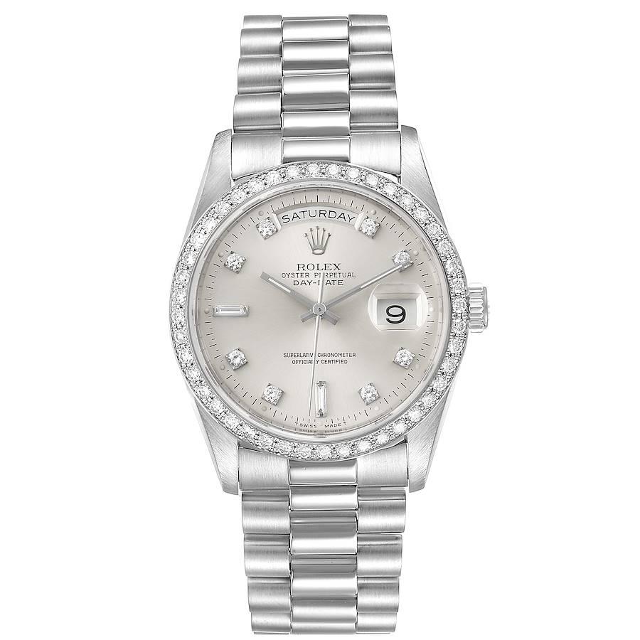Rolex President Day-Date Silver Dial Platinum Diamond Mens Watch 18346 Box. Officially certified chronometer self-winding movement with quickset date function. Platinum oyster case 36.0 mm in diameter. Rolex logo on a crown. Original Rolex factory