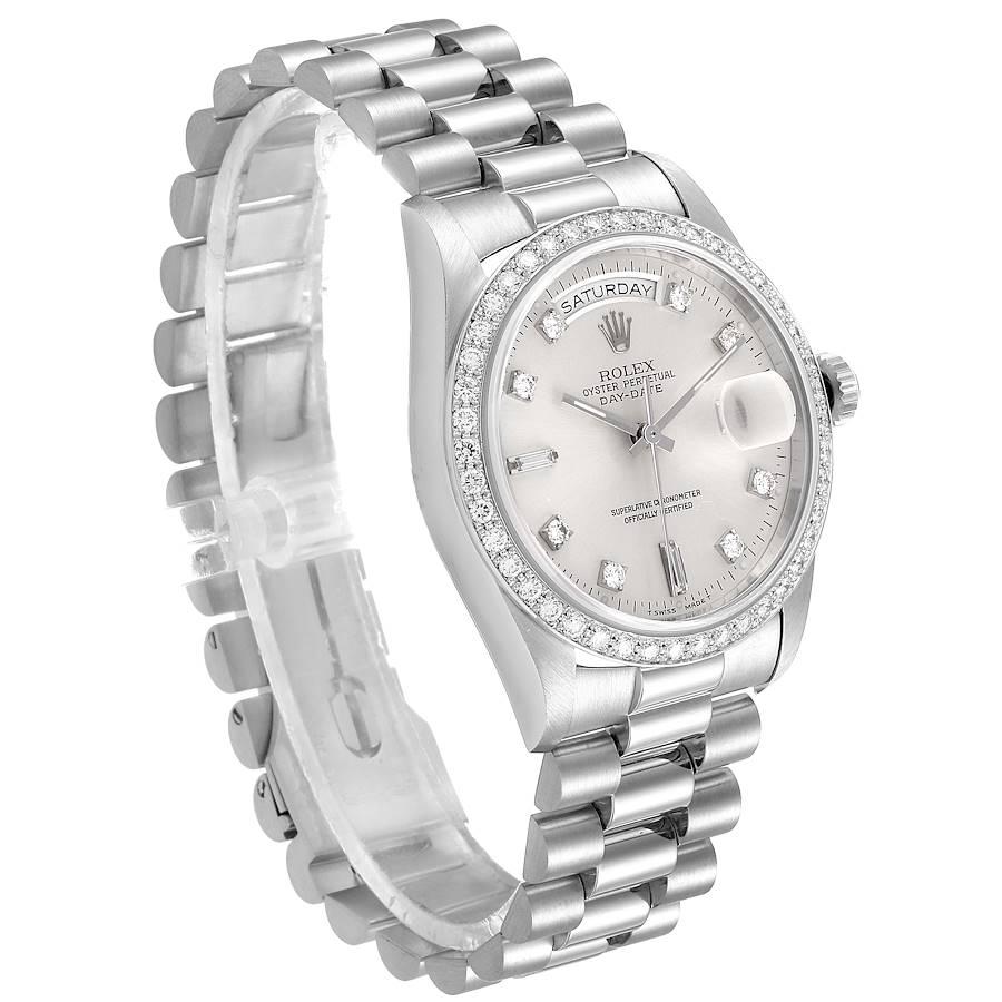 Rolex President Day-Date Silver Dial Platinum Diamond Men's Watch 18346 Box In Excellent Condition For Sale In Atlanta, GA