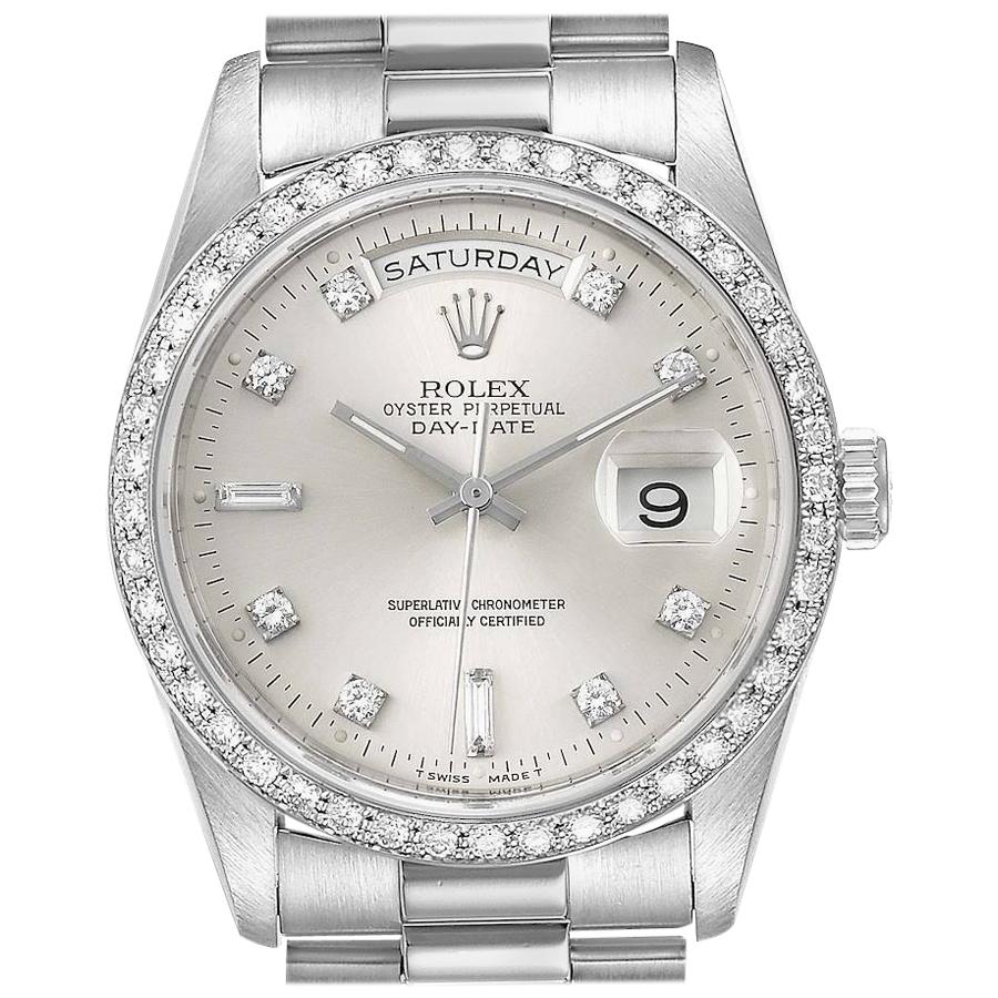 Rolex President Day-Date Silver Dial Platinum Diamond Men's Watch 18346 Box For Sale