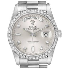 Rolex President Day-Date Silver Dial Platinum Diamond Men's Watch 18346 Box