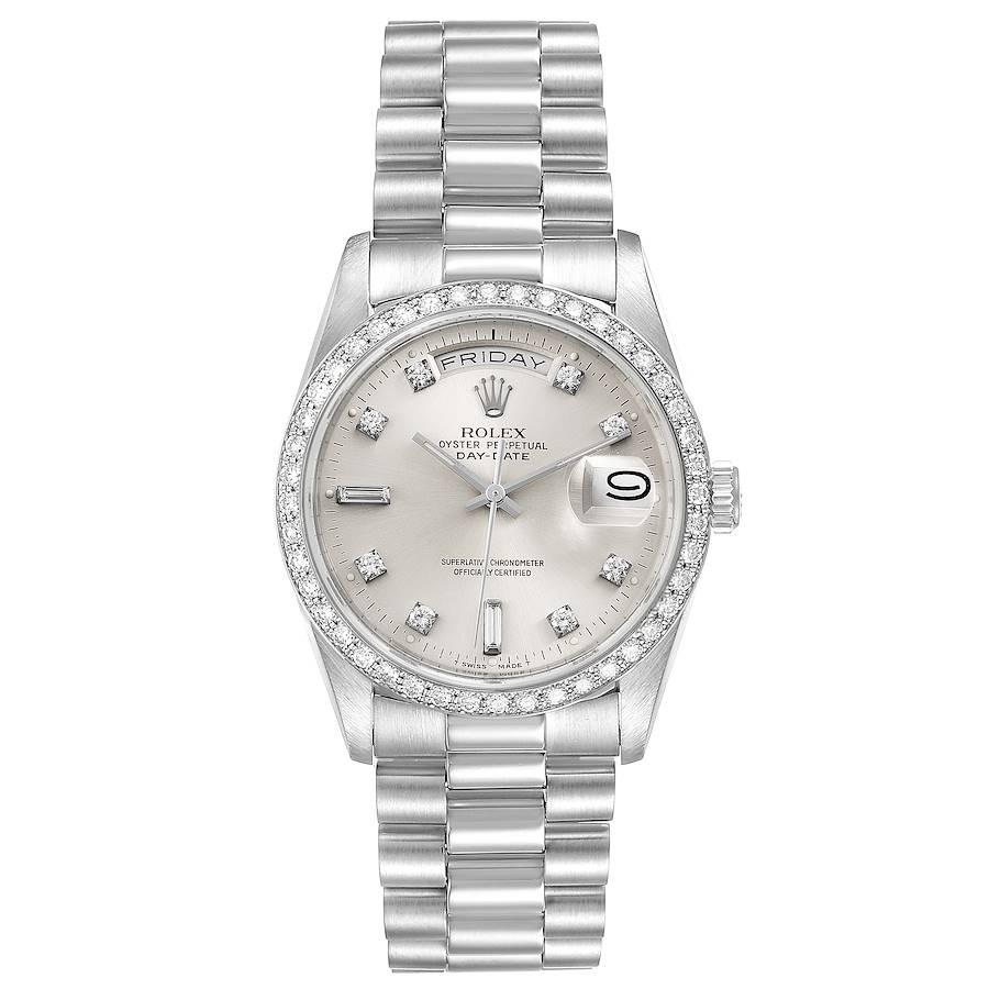 Rolex President Day-Date Silver Dial Platinum Diamond Mens Watch 18346. Officially certified chronometer self-winding movement with quickset date function. Platinum oyster case 36.0 mm in diameter. Rolex logo on a crown. Original Rolex factory