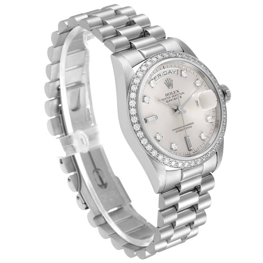 Rolex President Day-Date Silver Dial Platinum Diamond Mens Watch 18346 In Excellent Condition For Sale In Atlanta, GA