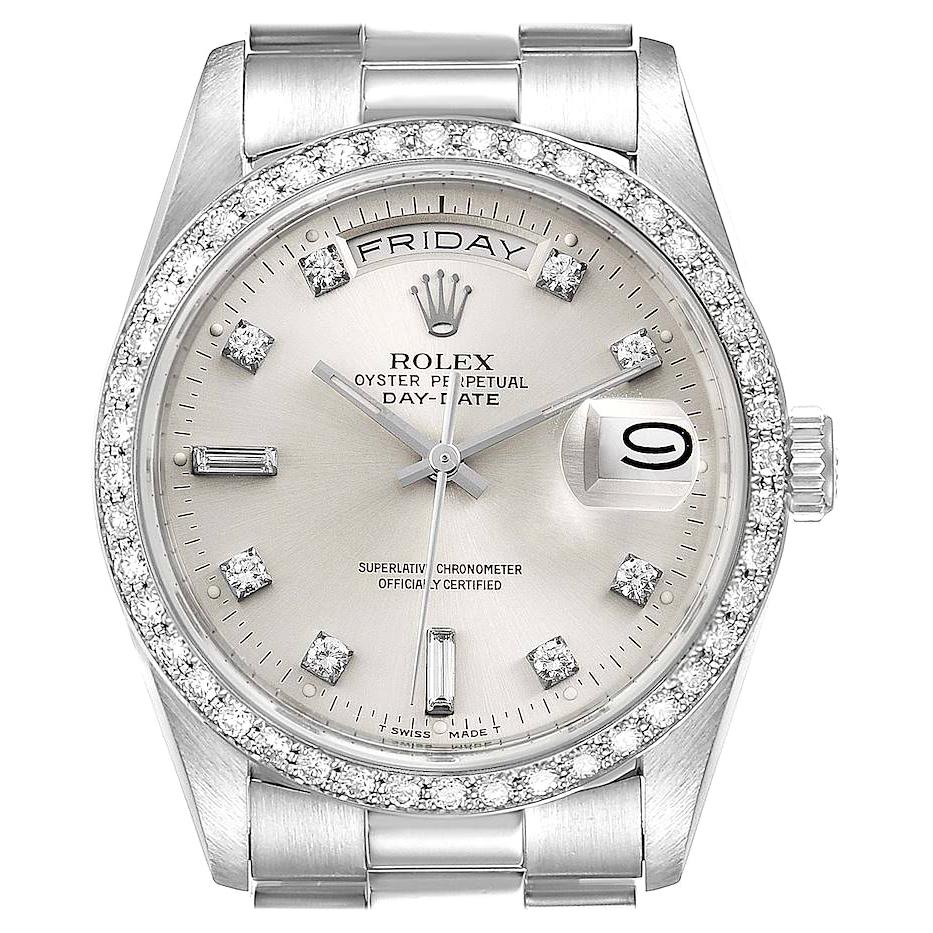 Rolex President Day-Date Silver Dial Platinum Diamond Mens Watch 18346 For Sale