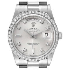 Used Rolex President Day-Date Silver Dial Platinum Diamond Mens Watch 18346