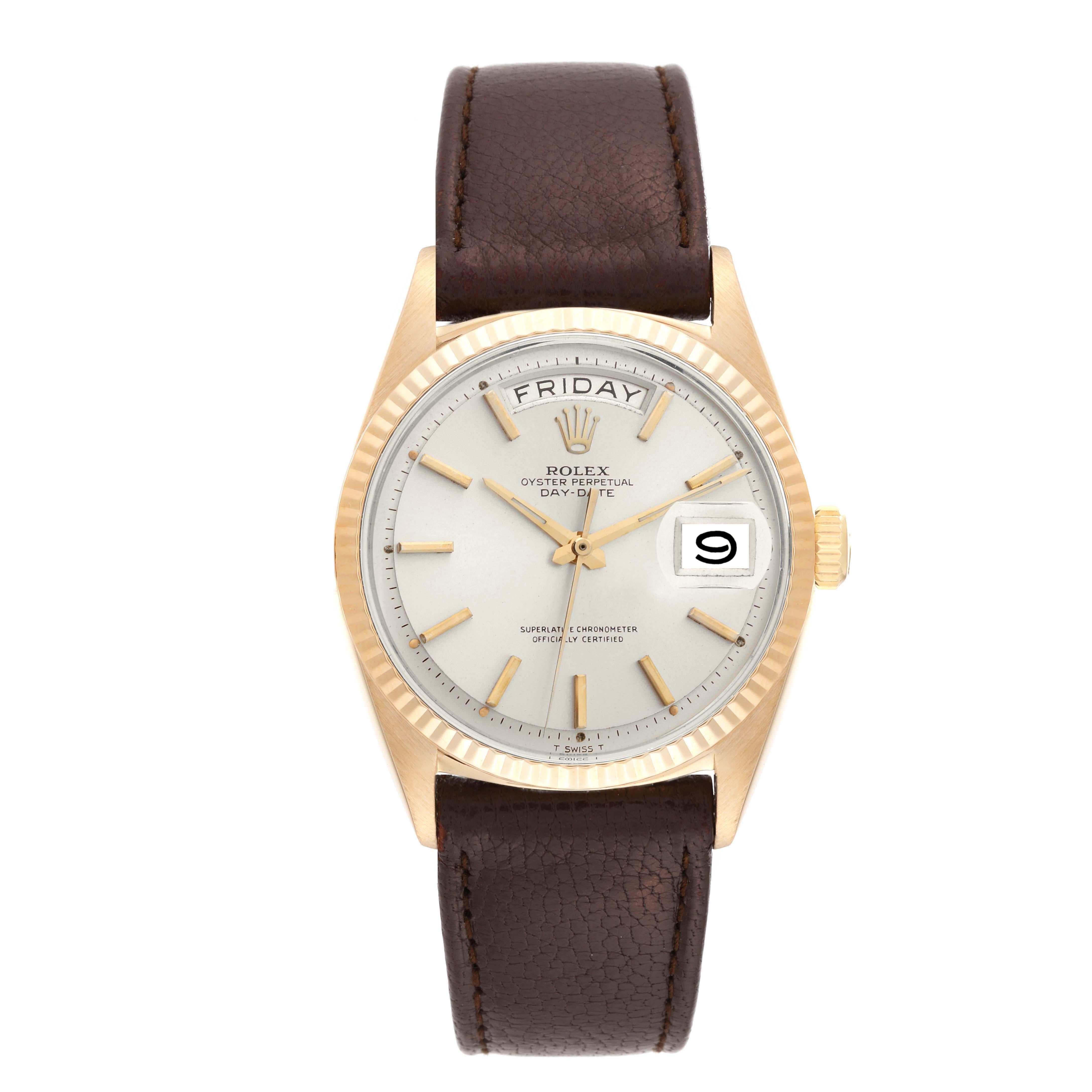 Rolex President Day-Date Silver Dial Yellow Gold Vintage Mens Watch 1803. Officially certified chronometer automatic self-winding movement. 18k yellow gold oyster case 36.0 mm in diameter.  Rolex logo on crown. 18k yellow gold fluted bezel. Acrylic