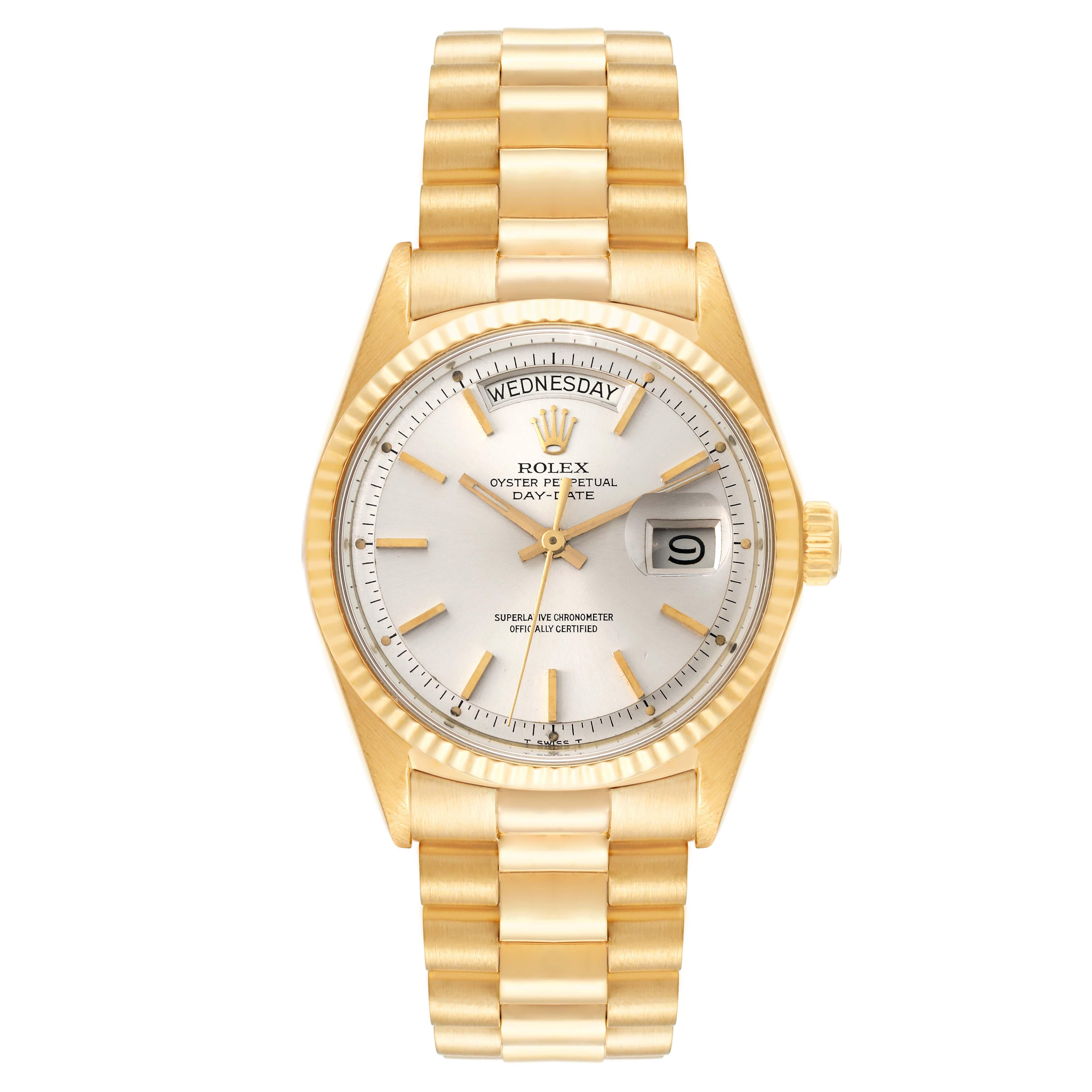 Rolex President Day-Date Silver Dial Yellow Gold Vintage Mens Watch 1803. Officially certified chronometer automatic self-winding movement. 18k yellow gold oyster case 36.0 mm in diameter.  Rolex logo on a crown. 18k yellow gold fluted bezel.