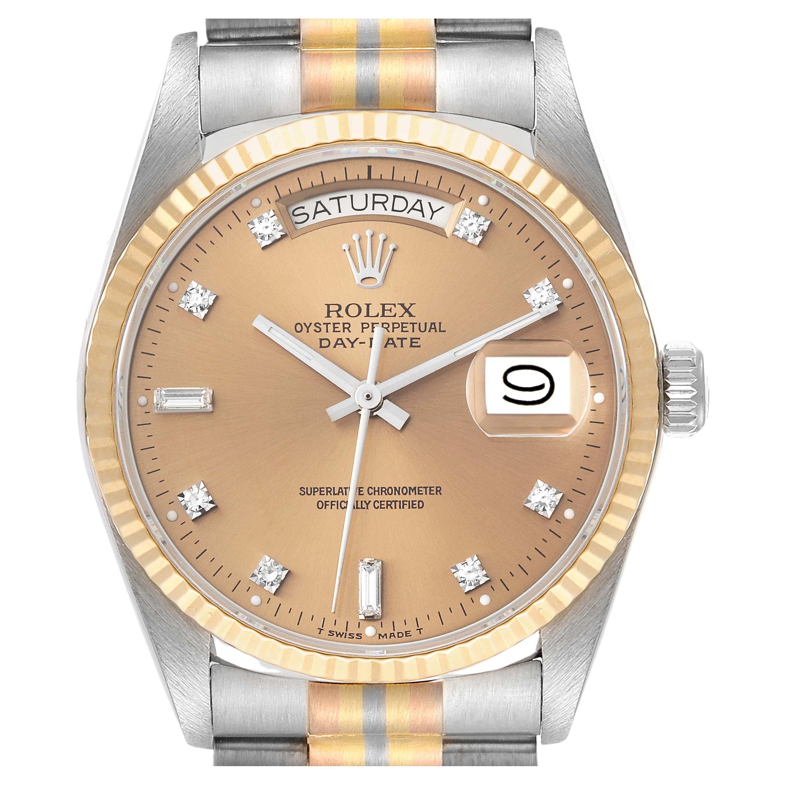 Rolex President Day-Date Tridor White Yellow Rose Gold Diamond Mens Watch 18039 en vente