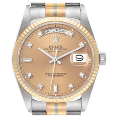 Used Rolex President Day-Date Tridor White Yellow Rose Gold Diamond Mens Watch 18039