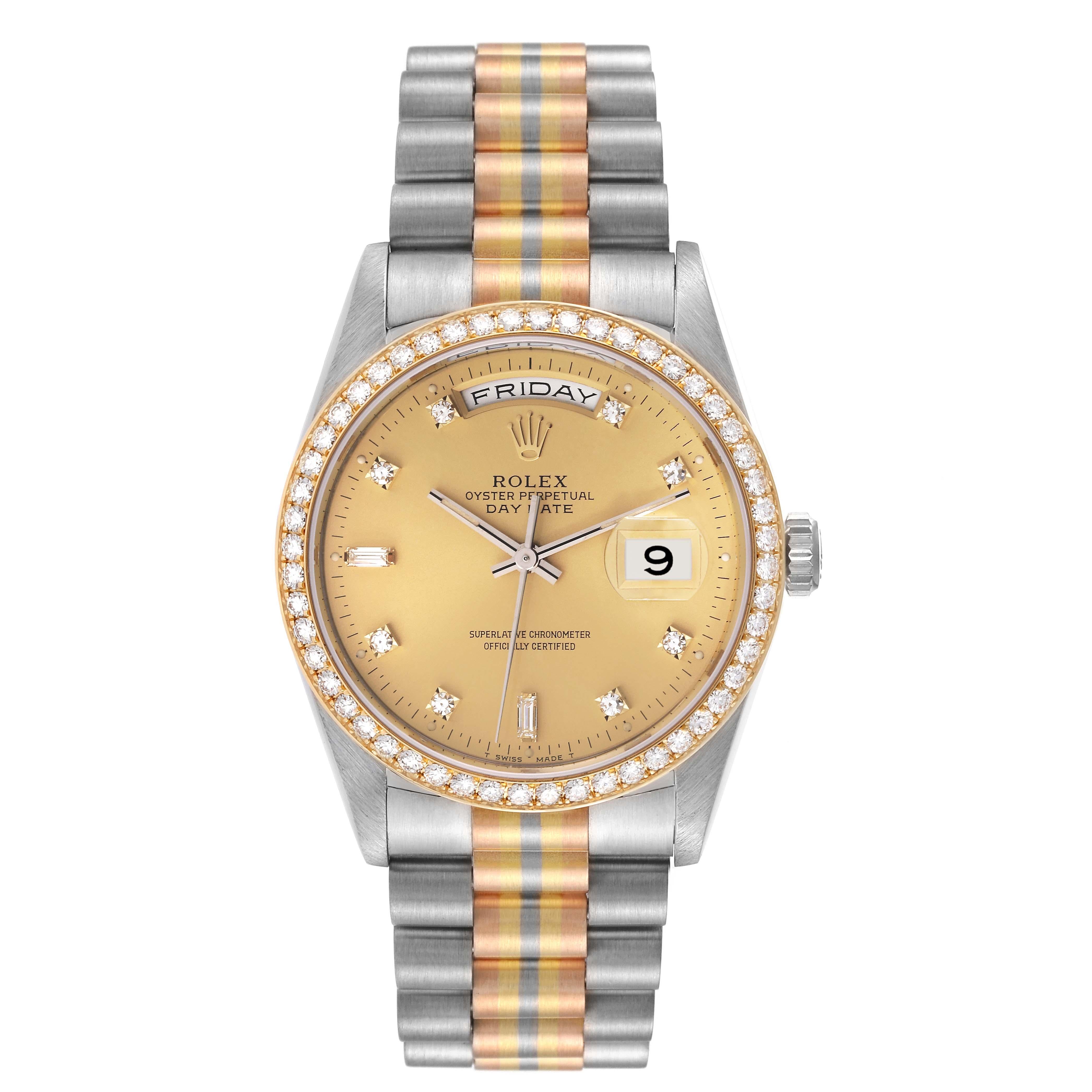 Rolex President Day-Date Tridor White Yellow Rose Gold Diamond Mens Watch 18349. Mouvement à remontage automatique certifié chronomètre avec fonction date à déclenchement rapide. Boîtier en or blanc 18 carats d'un diamètre de 36,0 mm. Logo Rolex sur