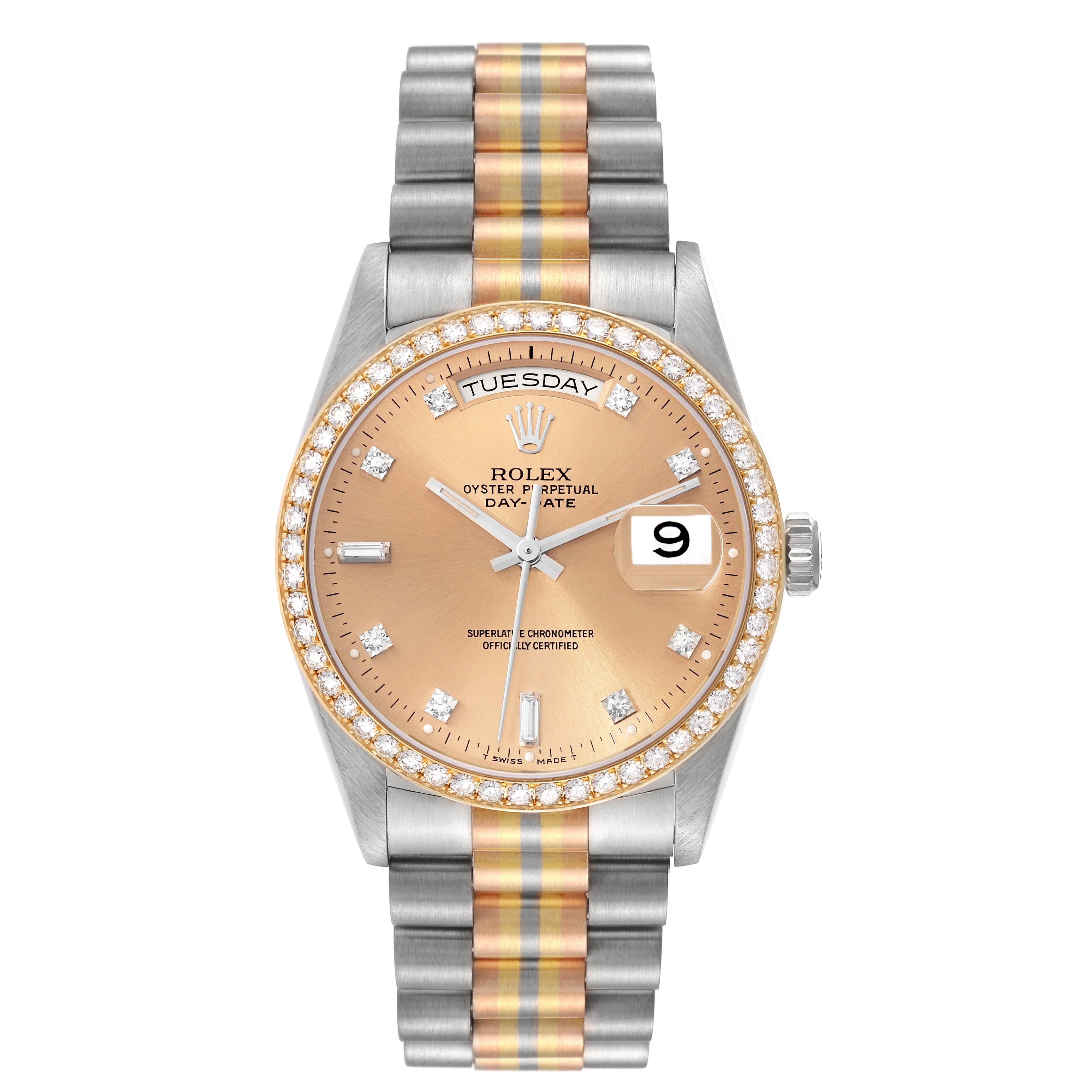 Rolex President Day-Date Tridor White Yellow Rose Gold Diamond Mens Watch 18349. Officially certified chronometer automatic self-winding movement with quickset date function. 18k white gold oyster case 36.0 mm in diameter. Rolex logo on a crown. 18k