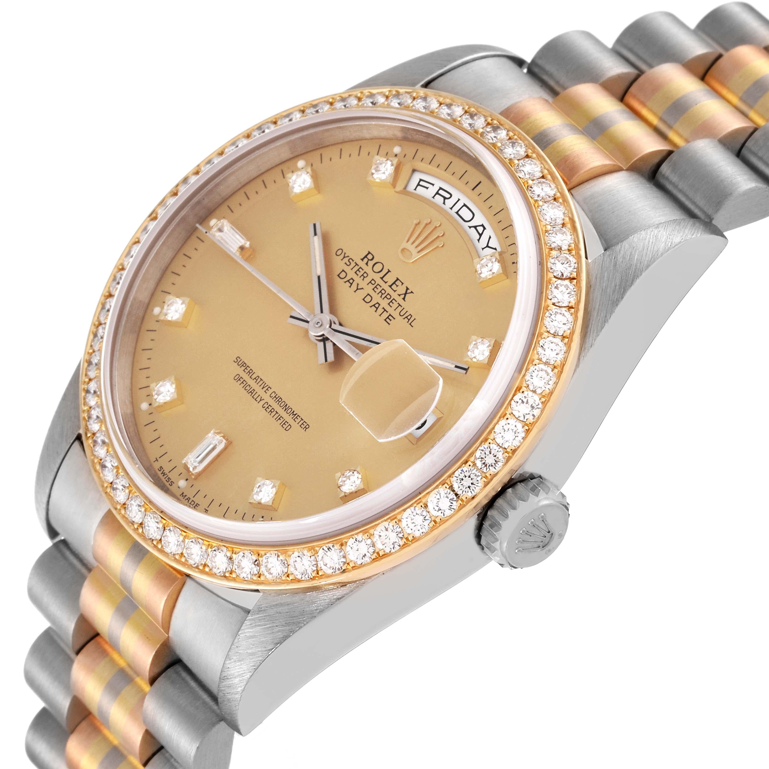 Rolex President Day-Date Tridor White Yellow Rose Gold Diamond Mens Watch 18349 en vente 1