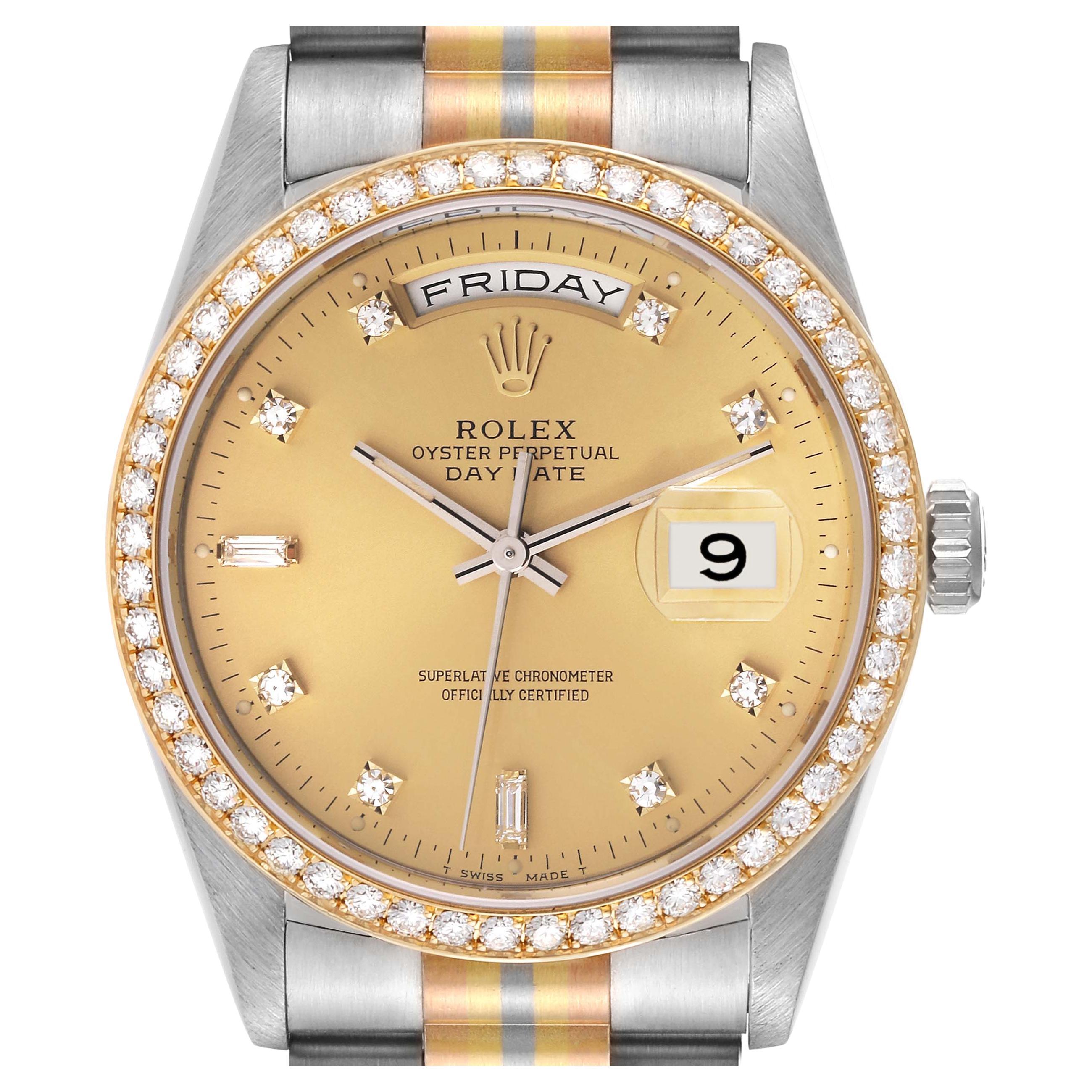 Rolex President Day-Date Tridor White Yellow Rose Gold Diamond Mens Watch 18349 en vente
