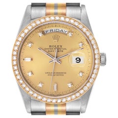 Used Rolex President Day-Date Tridor White Yellow Rose Gold Diamond Mens Watch 18349