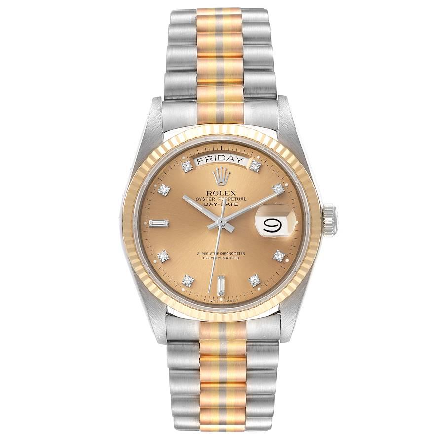 Rolex President Day-Date Tridor White Yellow Rose Gold Diamond Watch 18039. Officially certified chronometer self-winding movement with quickset date function. 18k white gold oyster case 36.0 mm in diameter. Rolex logo on a crown. 18k yellow gold