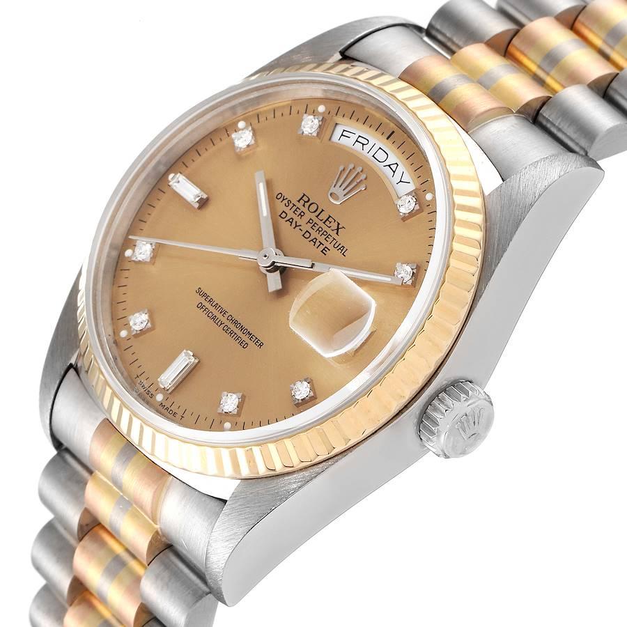 Rolex President Day-Date Tridor White Yellow Rose Gold Diamond Watch 18039 In Excellent Condition In Atlanta, GA