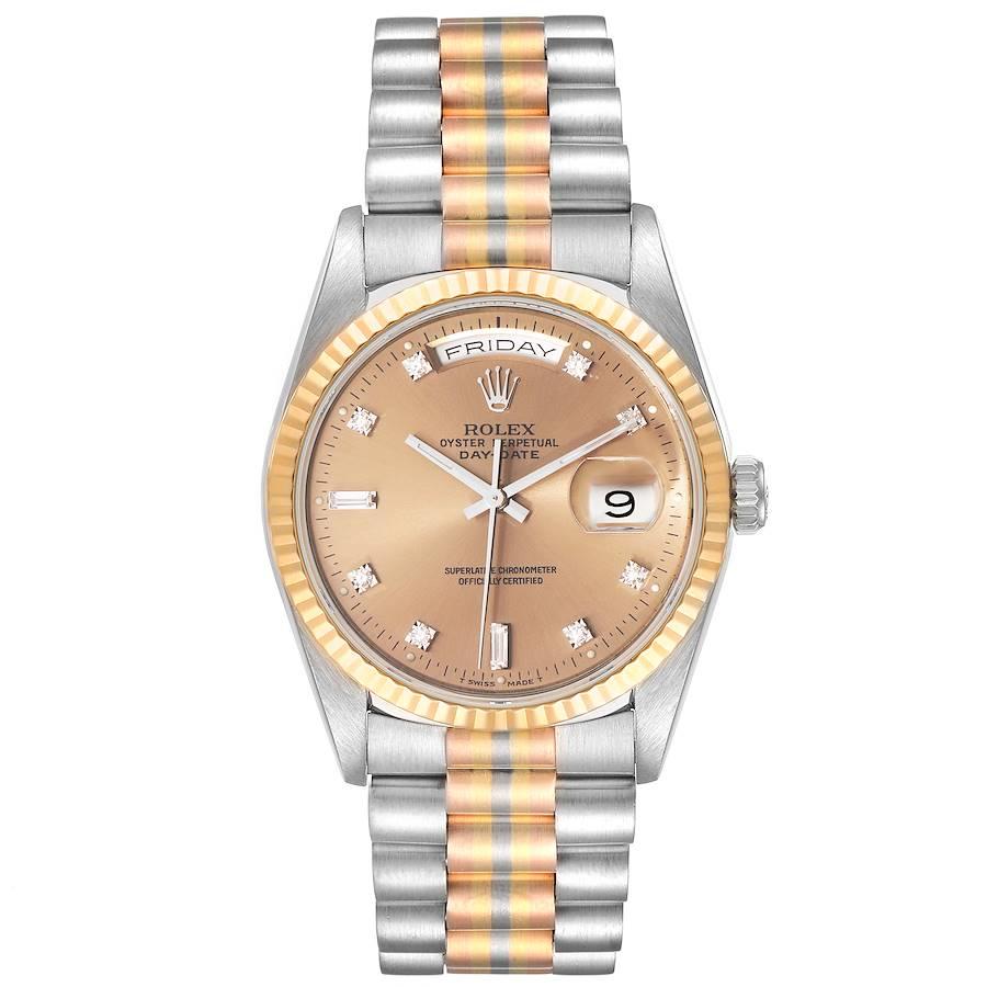 Rolex President Day-Date Tridor White Yellow Rose Gold Diamond Watch 18239. Officially certified chronometer self-winding movement with quickset date function. 18k white gold oyster case 36.0 mm in diameter. Rolex logo on a crown. 18k yellow gold
