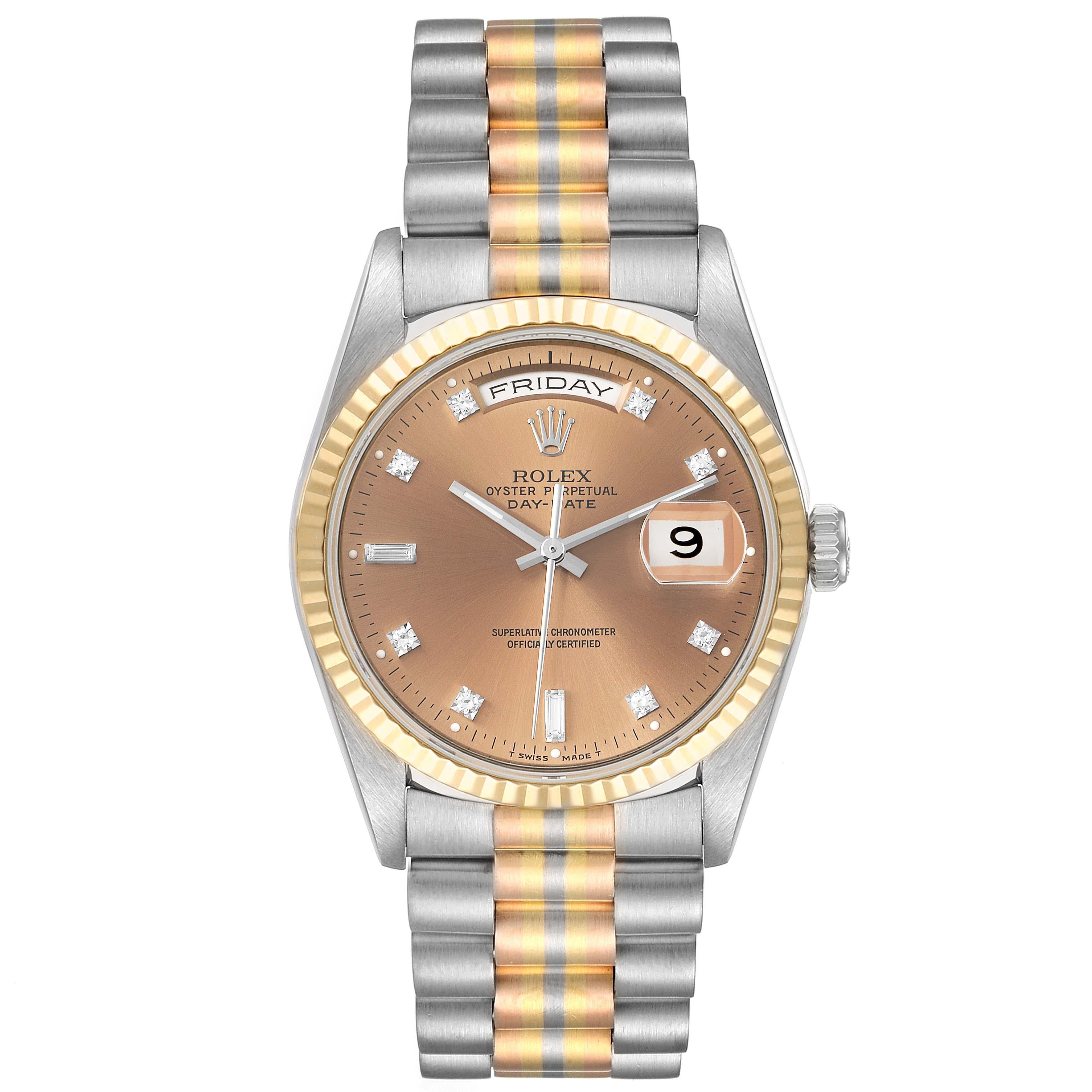 Rolex President Day-Date Tridor White Yellow Rose Gold Diamond Watch 18239. Officially certified chronometer self-winding movement with quickset date function. 18k white gold oyster case 36.0 mm in diameter. Rolex logo on a crown. 18k yellow gold