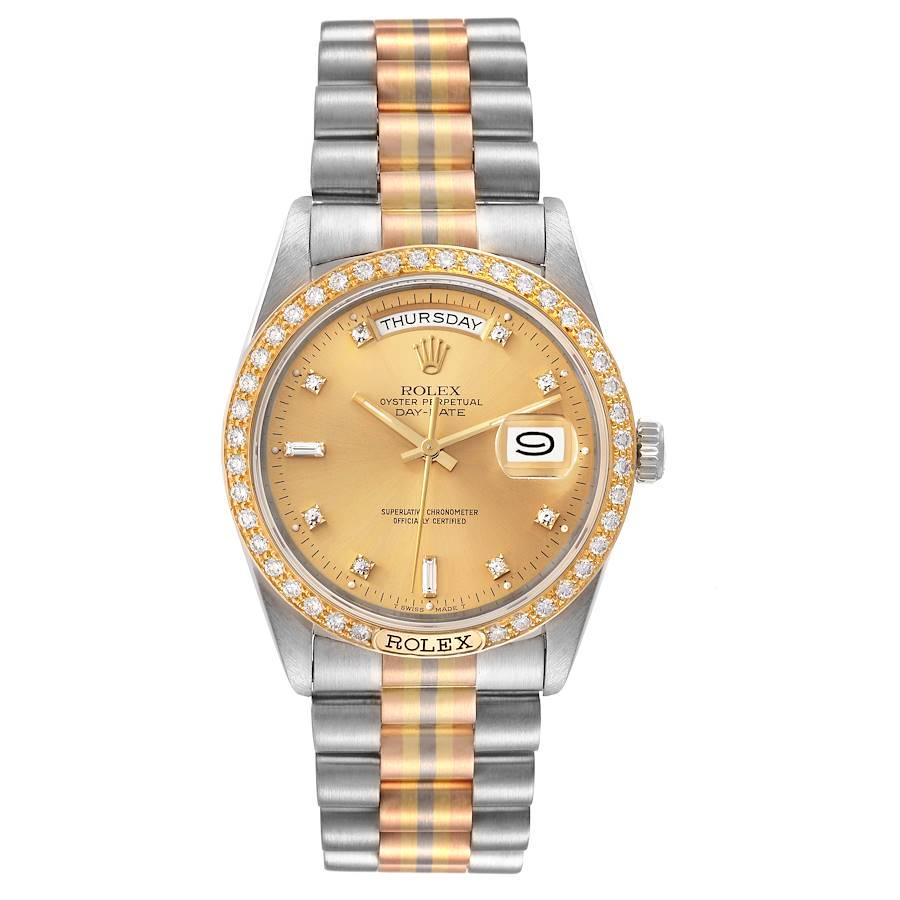 Rolex President Day-Date Tridor White Yellow Rose Gold Diamond Watch 18349. Officially certified chronometer self-winding movement with quickset date function. 18k white gold oyster case 36.0 mm in diameter. Rolex logo on a crown. 18k yellow gold