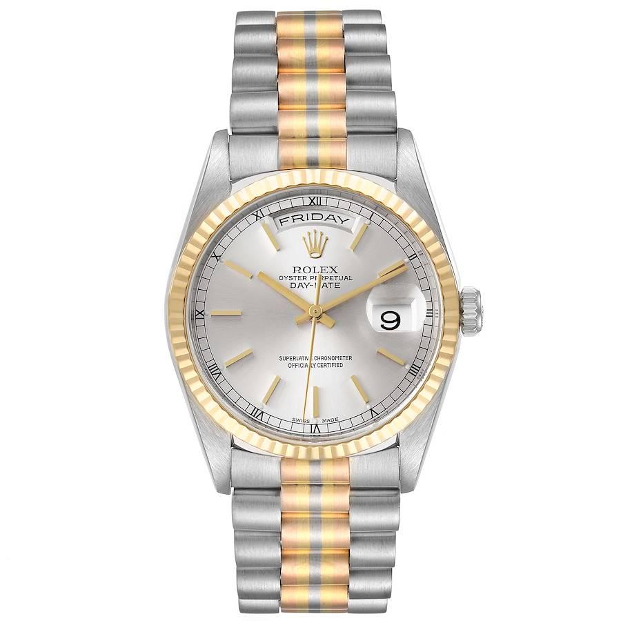 Rolex President Day-Date Tridor White Yellow Rose Gold Mens Watch 18239. Officially certified chronometer self-winding movement. 18k white gold oyster case 36.0 mm in diameter. Rolex logo on a crown. 18k yellow gold fluted bezel. Scratch resistant