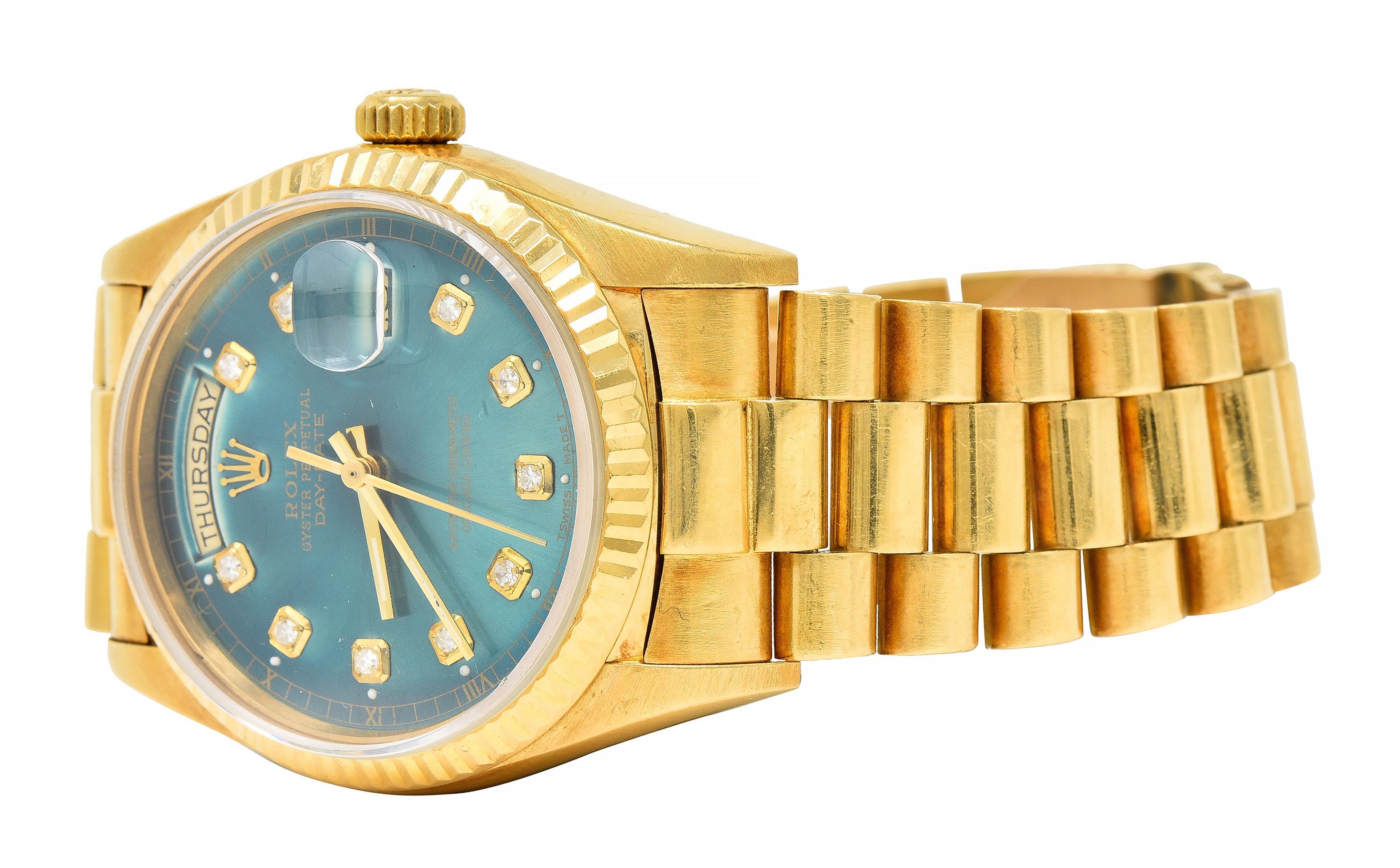 Rolex President Day-Date Vintage Men's Green Dial Diamond Unisex Watch For Sale 3