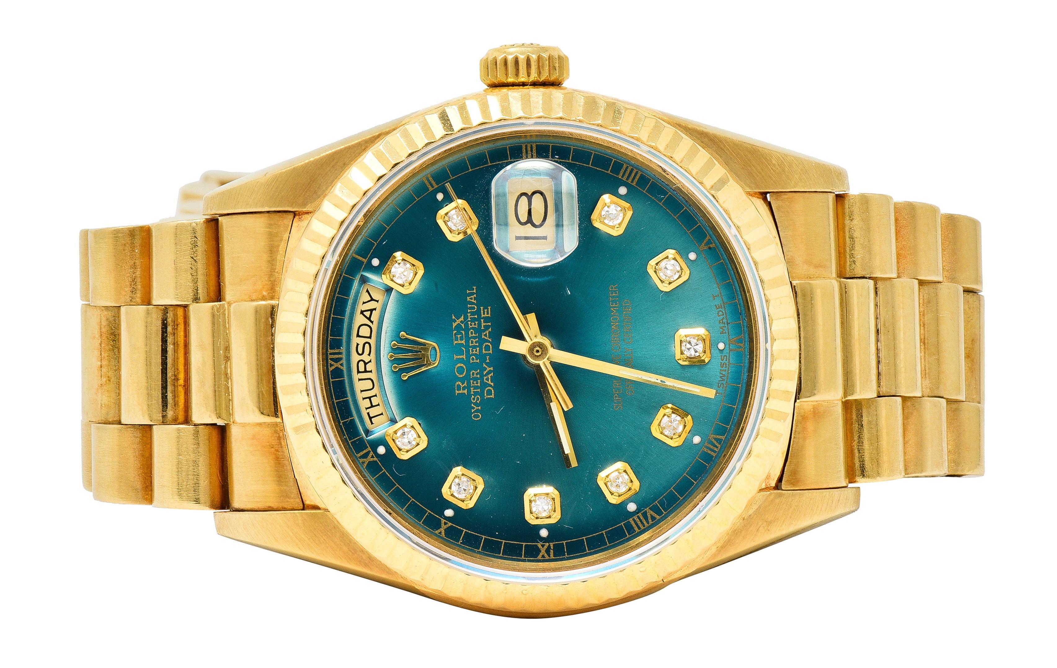 Rolex President Day-Date Vintage Men's Green Dial Diamond Unisex Watch For Sale 9