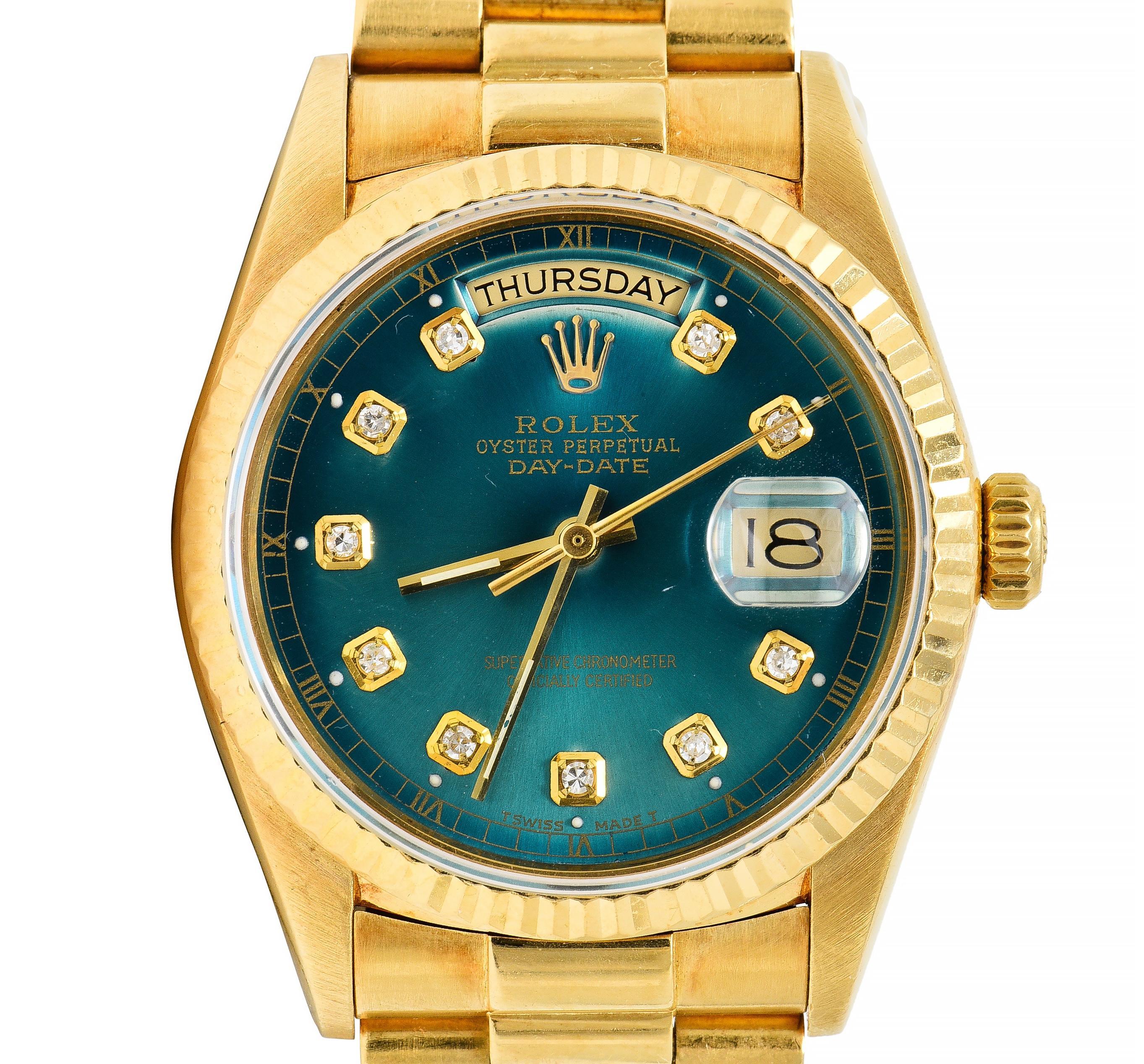 Rolex President Day-Date Vintage Herrenuhr mit grünem Zifferblatt und Diamant Unisex-Uhr (Rundschliff) im Angebot