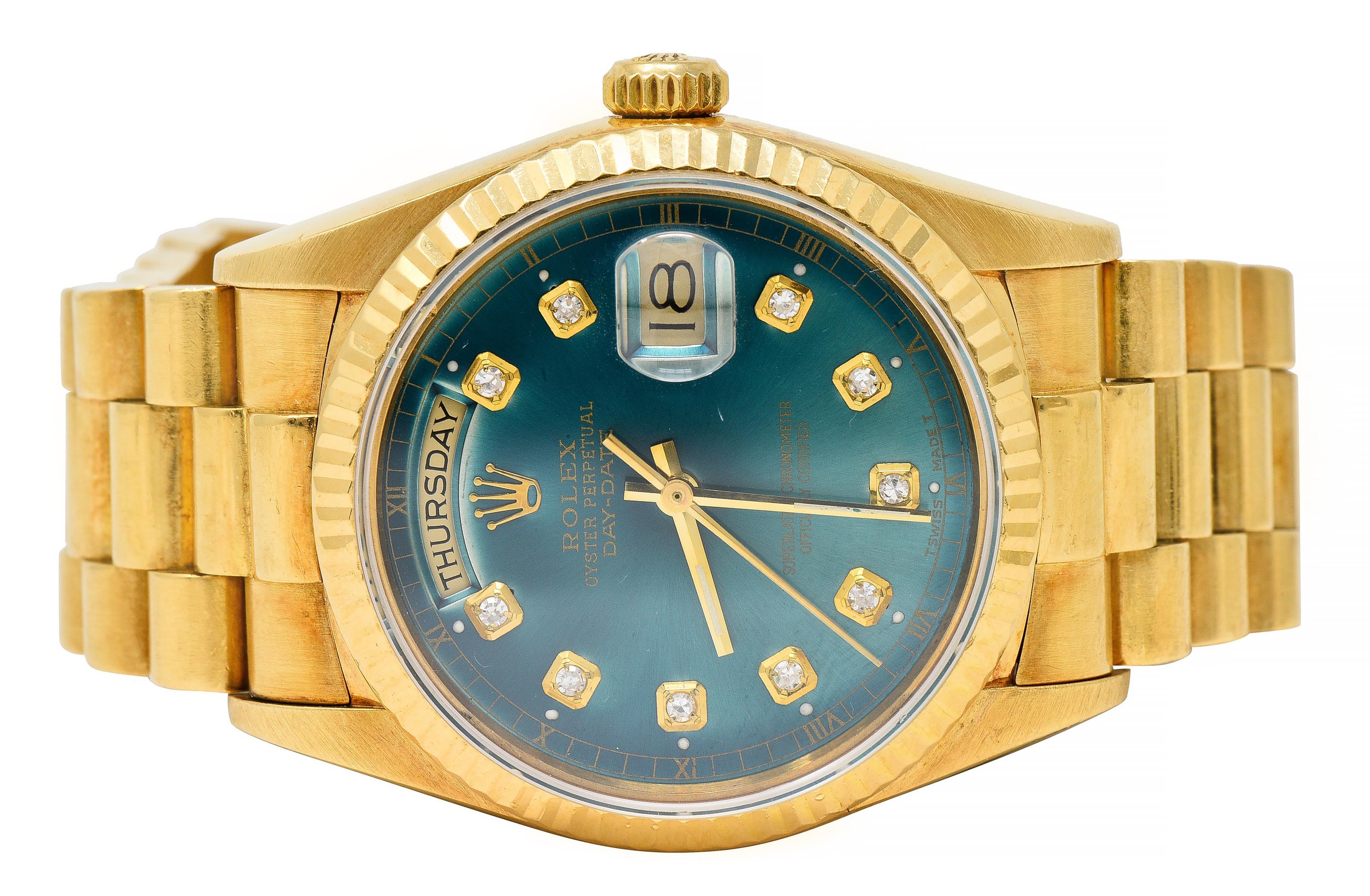 Rolex President Day-Date Vintage Herrenuhr mit grünem Zifferblatt und Diamant Unisex-Uhr im Zustand „Gut“ im Angebot in Philadelphia, PA