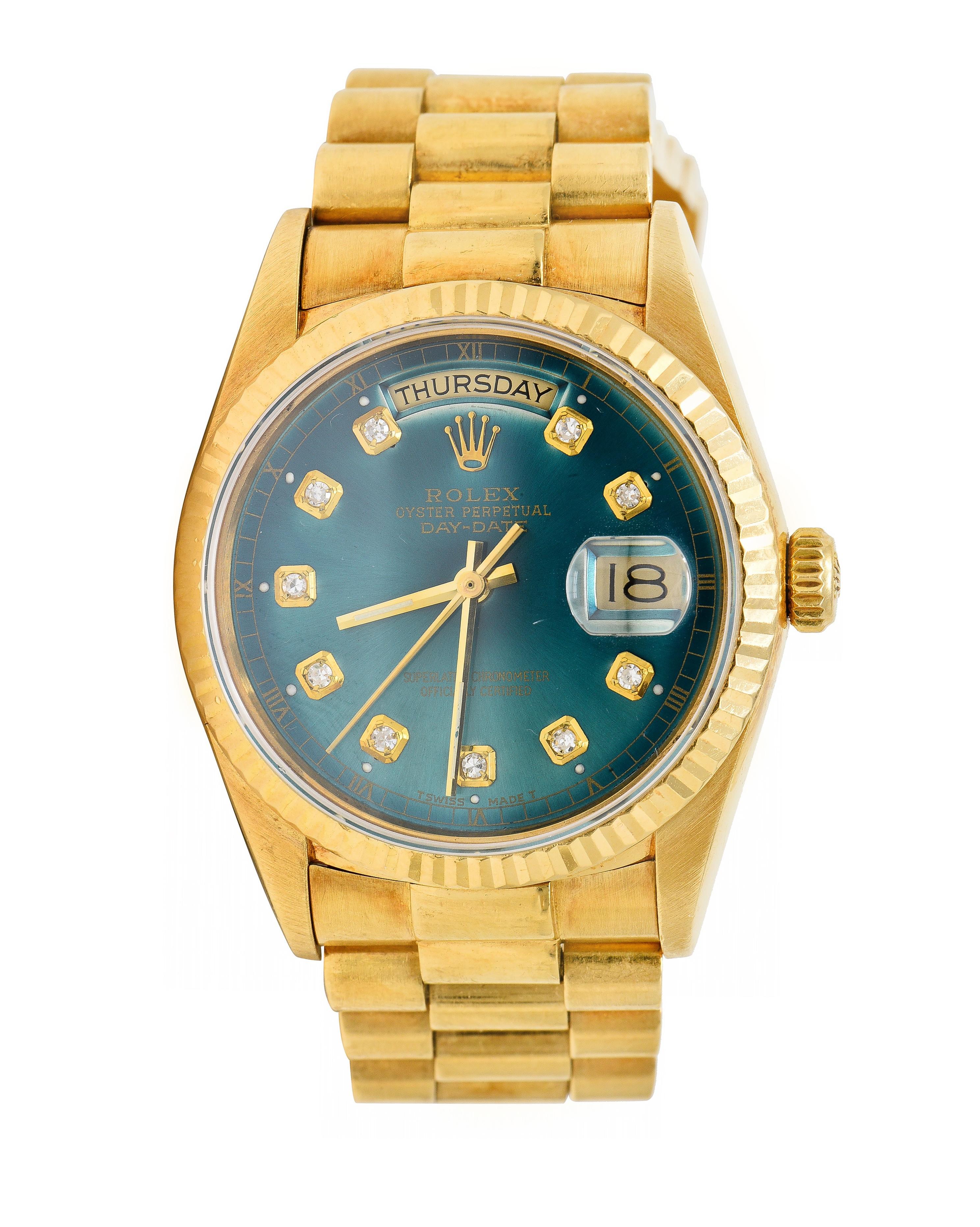 Rolex President Day-Date Vintage Herrenuhr mit grünem Zifferblatt und Diamant Unisex-Uhr im Angebot 5