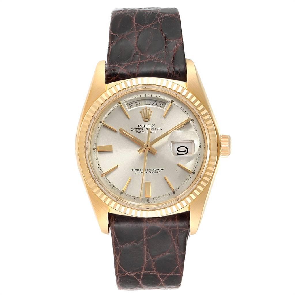 Rolex President Day-Date Vintage Yellow Gold Brown Strap Mens Watch 1803. Officially certified chronometer self-winding movement. 18k yellow gold oyster case 36.0 mm in diameter.  Rolex logo on a crown. 18k yellow gold fluted bezel. Acrylic crystal