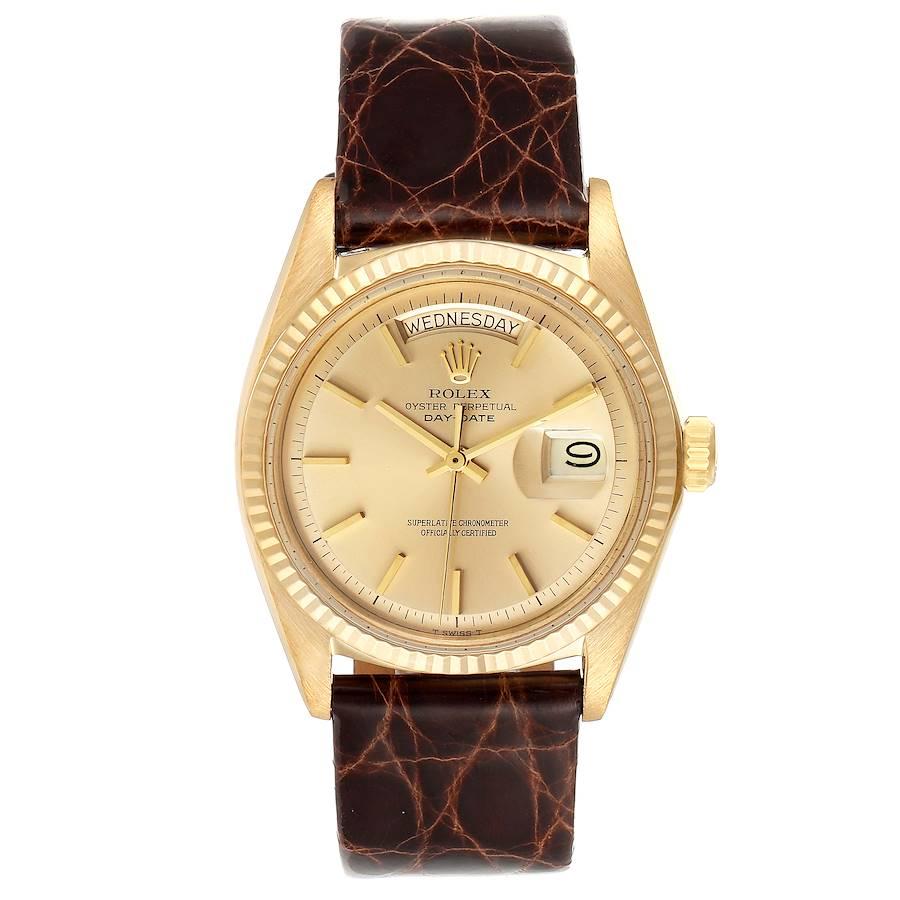 Rolex President Day-Date Vintage Yellow Gold Brown Strap Mens Watch 1803. Officially certified chronometer self-winding movement. 18k yellow gold oyster case 36.0 mm in diameter. Rolex logo on a crown. 18k yellow gold fluted bezel. Scratch resistant