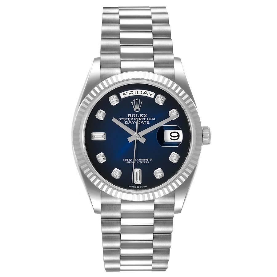Rolex President Day-Date White Gold Blue Diamond Dial Mens Watch 128239 Box Card. Officially certified chronometer self-winding movement. 18k white gold oyster case 36.0 mm in diameter. Rolex logo on a crown. 18k white gold fluted bezel. Scratch
