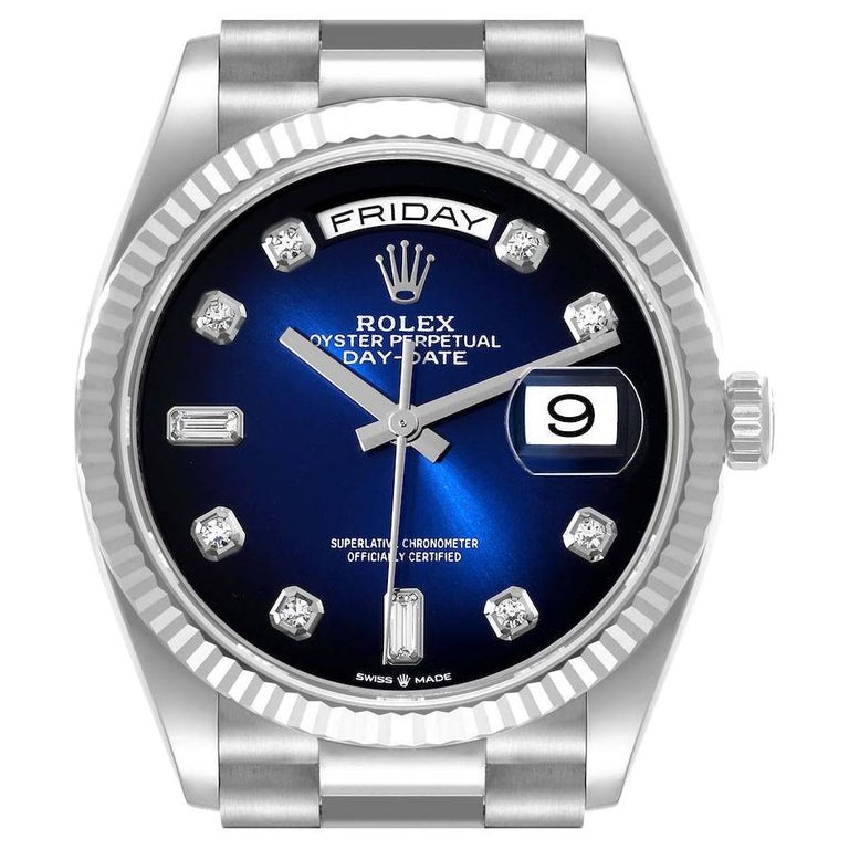 Rolex President Day-Date Oro Blanco Esfera Azul Diamante Reloj Caballero  128239 Sin Usar en venta en 1stDibs