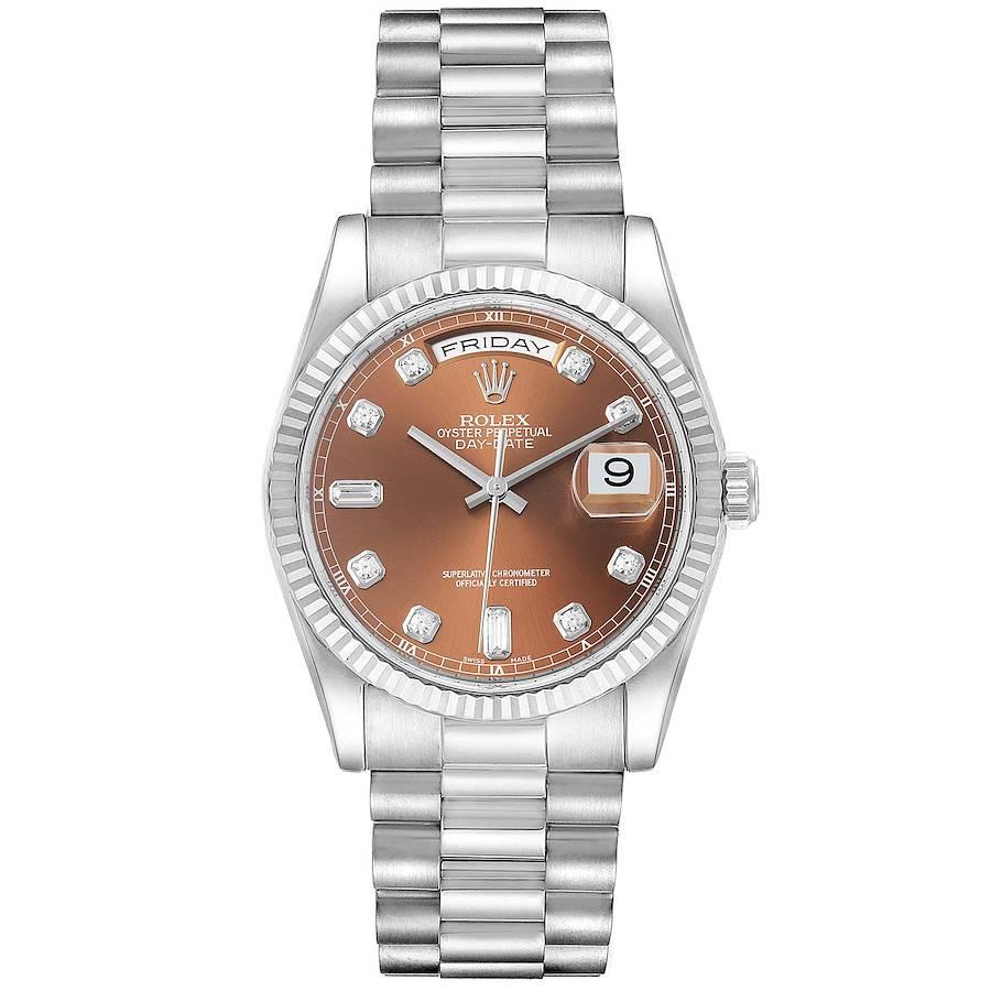 Rolex President Day-Date White Gold Bronze Diamond Dial Mens Watch 118239. Officially certified chronometer self-winding movement with quickset date function. 18k white gold oyster case 36.0 mm in diameter. Rolex logo on a crown. 18k white gold