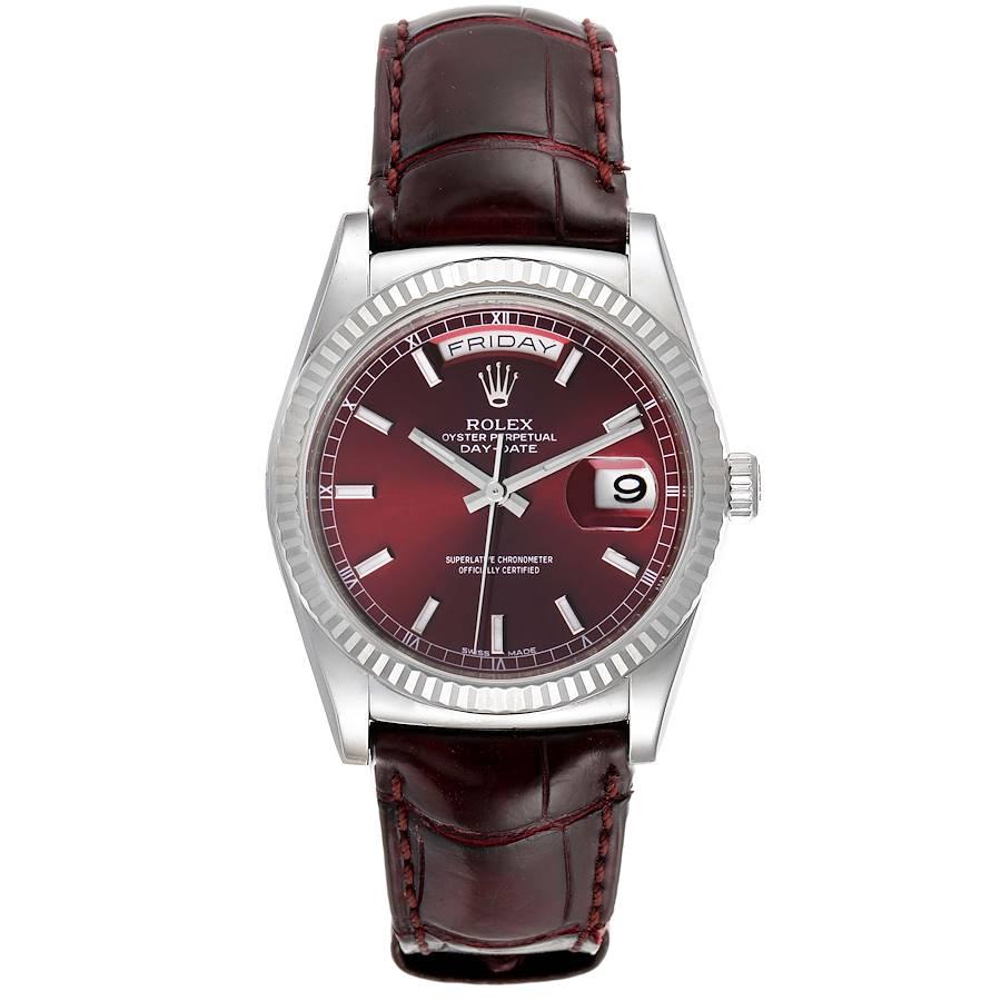 Rolex President Day-Date White Gold Burgundy Dial Watch 118139 Box Card. Officially certified chronometer self-winding movement. 18k white gold oyster case 36.0 mm in diameter. Rolex logo on a crown. 18k white gold fluted bezel. Scratch resistant