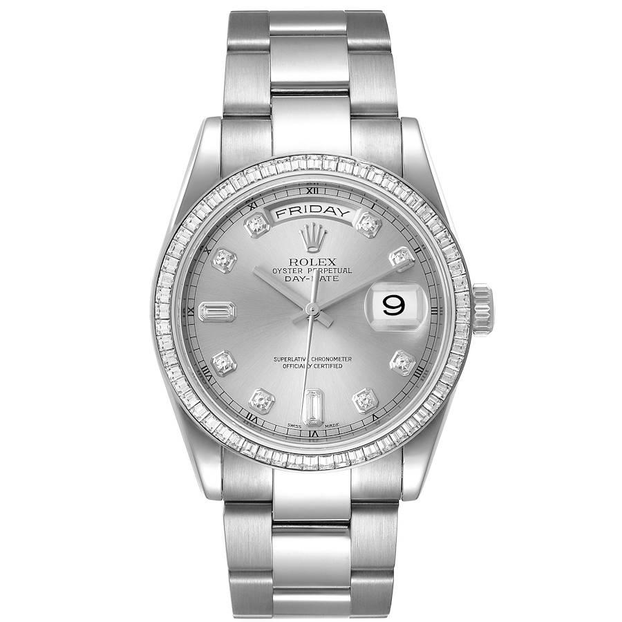 Rolex President Day-Date White Gold Diamond Dial Bezel Watch 118399. Officially certified chronometer self-winding movement. 18k white gold oyster case 36.0 mm in diameter. Rolex logo on a crown. Original Rolex factory baguette diamond bezel.