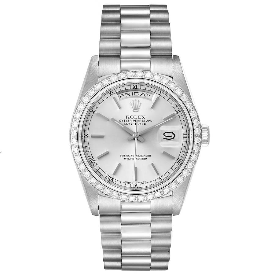 Rolex President Day-Date White Gold Diamond Dial Bezel Watch 18349. Officially certified chronometer self-winding movement. 18k white gold oyster case 36.0 mm in diameter. Rolex logo on a crown. Original Rolex factory diamond bezel. Scratch