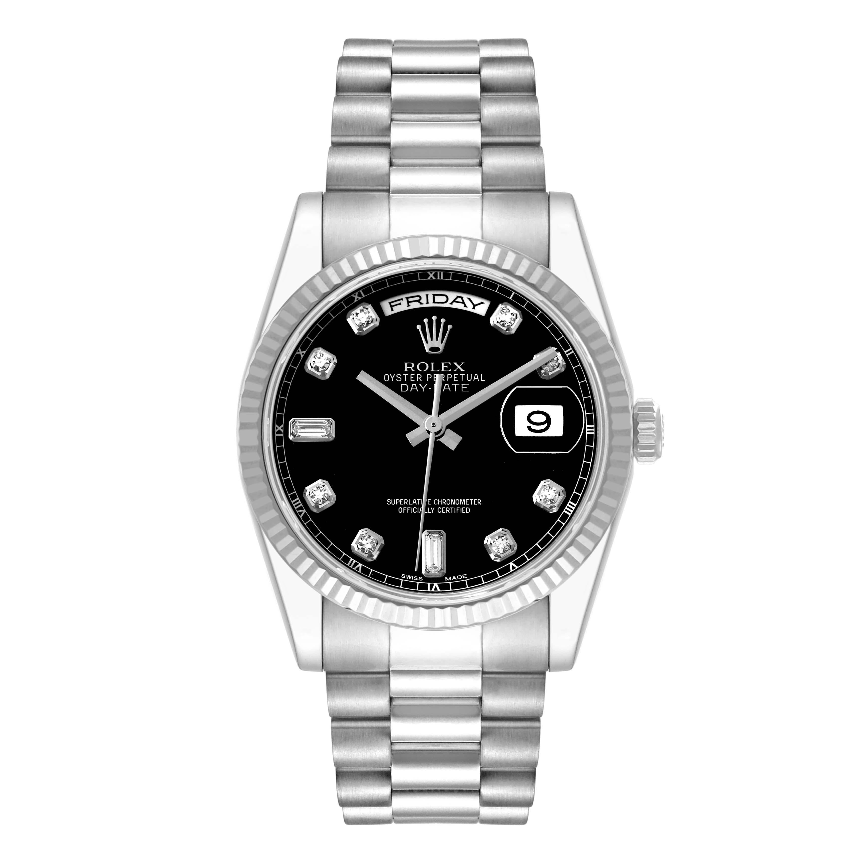 Rolex President Day-Date White Gold Diamond Dial Mens Watch 118239 Box Card. Officially certified chronometer self-winding movement. 18k white gold oyster case 36.0 mm in diameter. Rolex logo on a crown. 18k white gold fluted bezel. Scratch