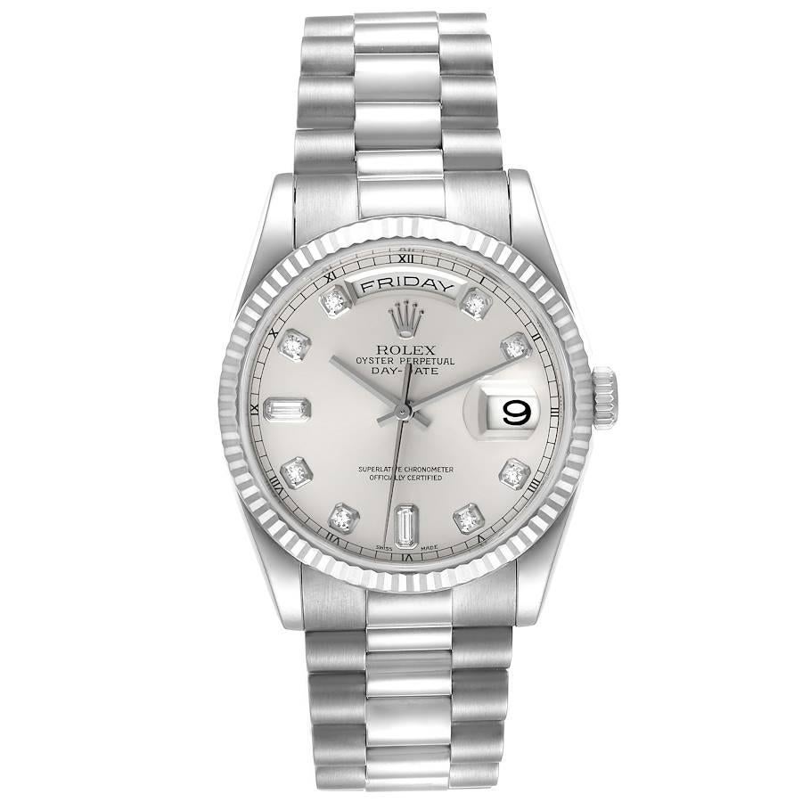 Rolex President Day-Date White Gold Diamond Dial Mens Watch 118239. Officially certified chronometer self-winding movement. 18k white gold oyster case 36.0 mm in diameter. Rolex logo on a crown. 18k white gold fluted bezel. Scratch resistant