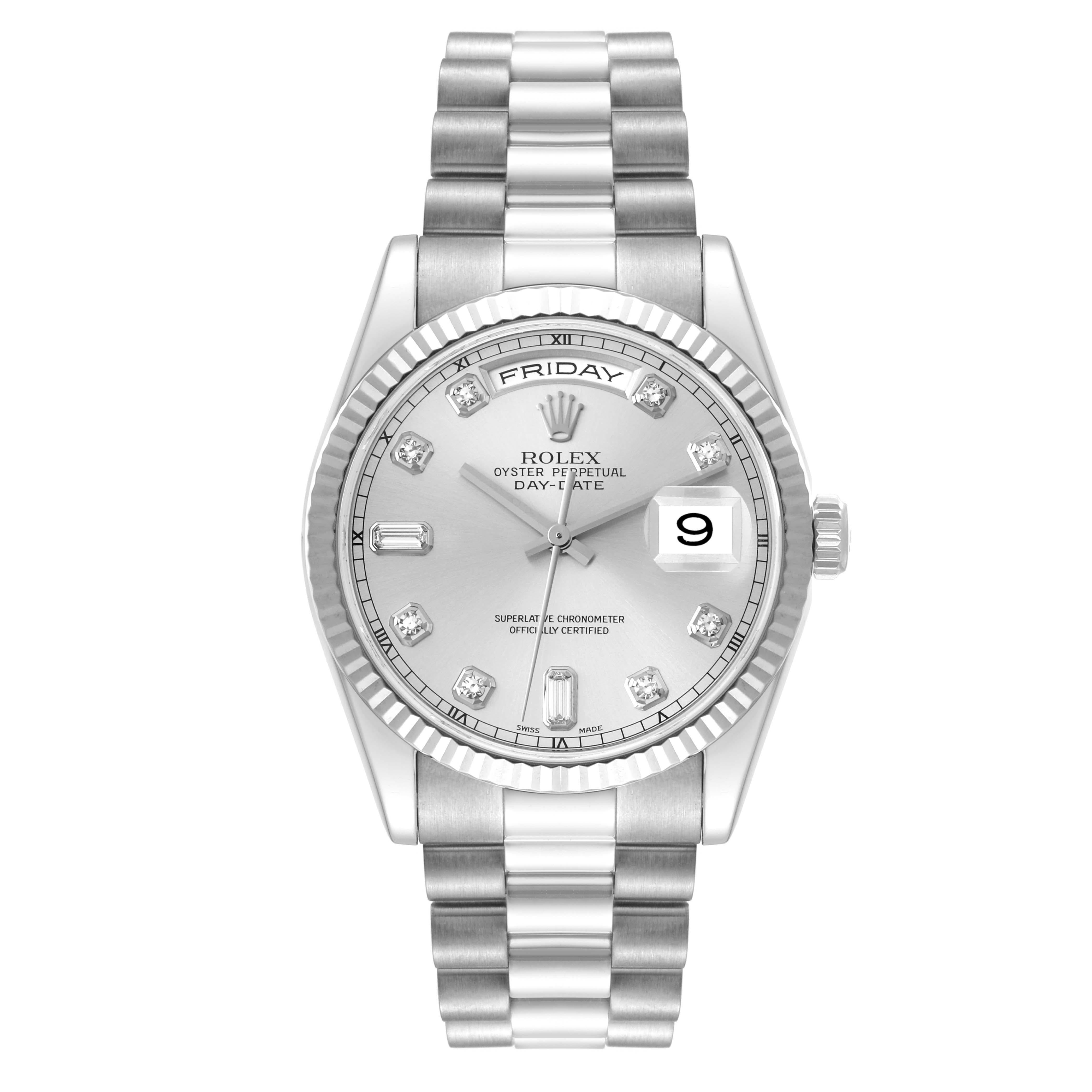 Rolex President Day-Date White Gold Diamond Dial Mens Watch 118239. Officially certified chronometer self-winding movement. 18k white gold oyster case 36.0 mm in diameter. Rolex logo on a crown. 18k white gold fluted bezel. Scratch resistant