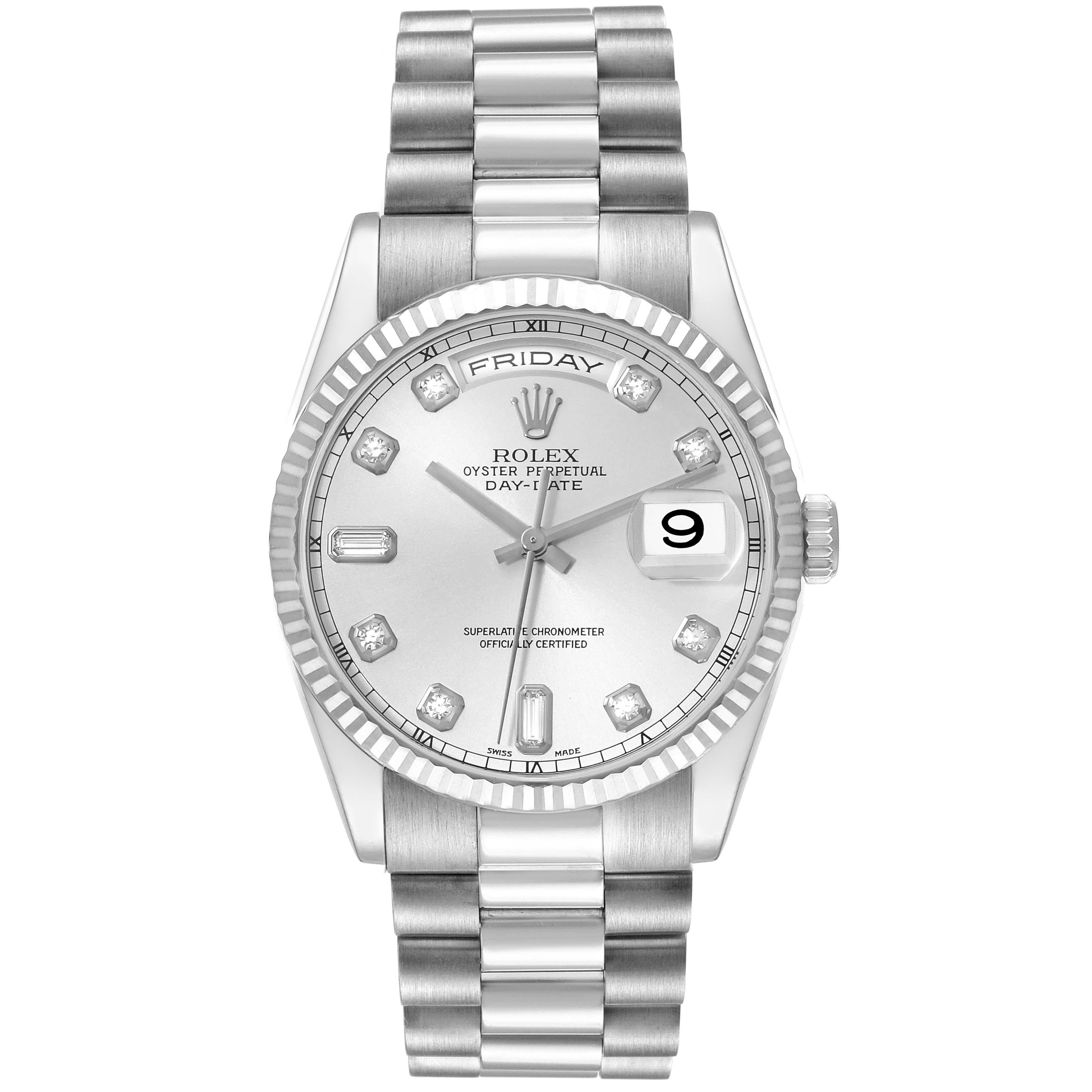 Rolex President Day-Date White Gold Diamond Dial Mens Watch 118239. Officially certified chronometer automatic self-winding movement. 18k white gold oyster case 36.0 mm in diameter. Rolex logo on a crown. 18k white gold fluted bezel. Scratch