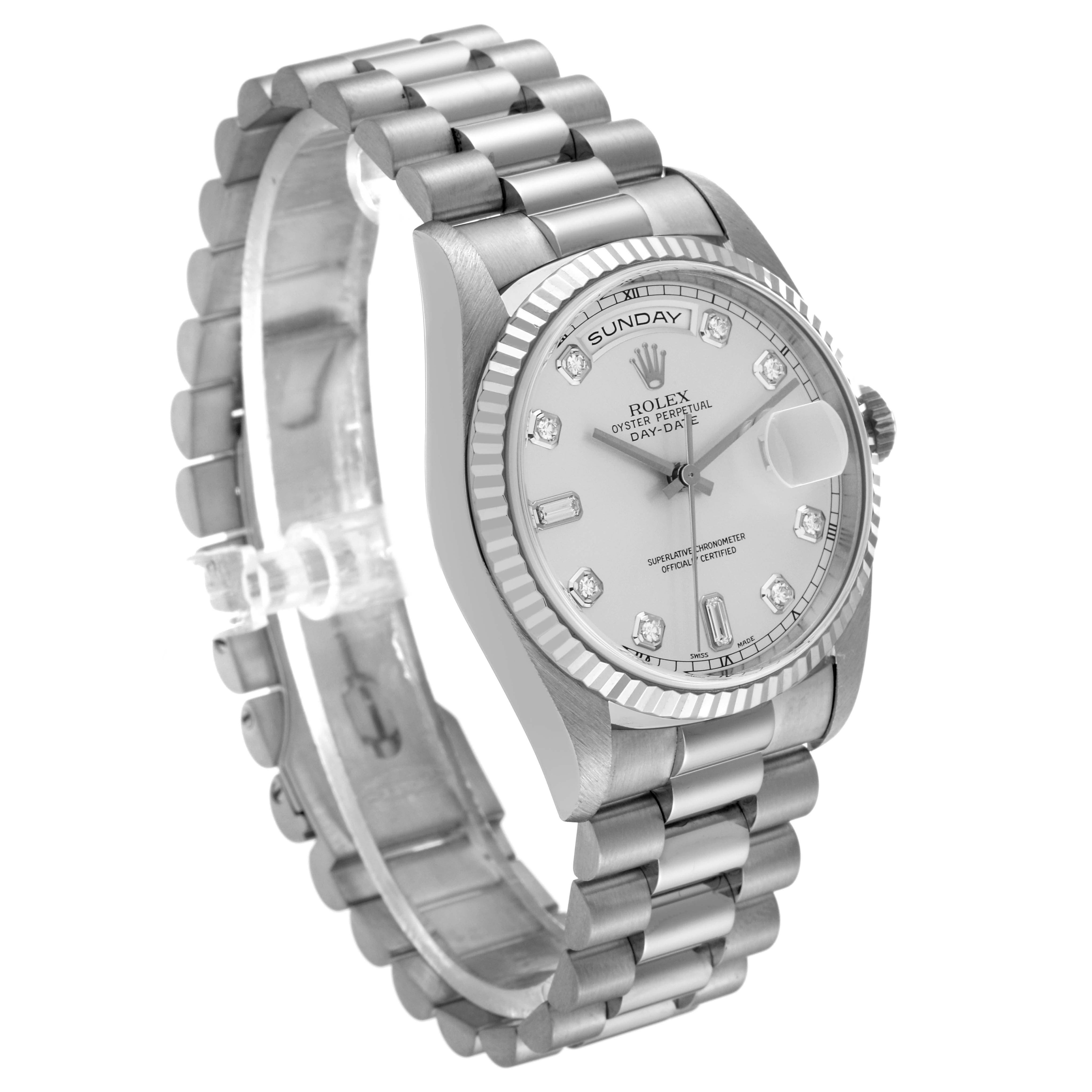 Rolex President Day-Date White Gold Diamond Dial Mens Watch 18239. Officially certified chronometer self-winding movement with quickset date function. 18k white gold oyster case 36.0 mm in diameter. Rolex logo on a crown. 18k white gold fluted