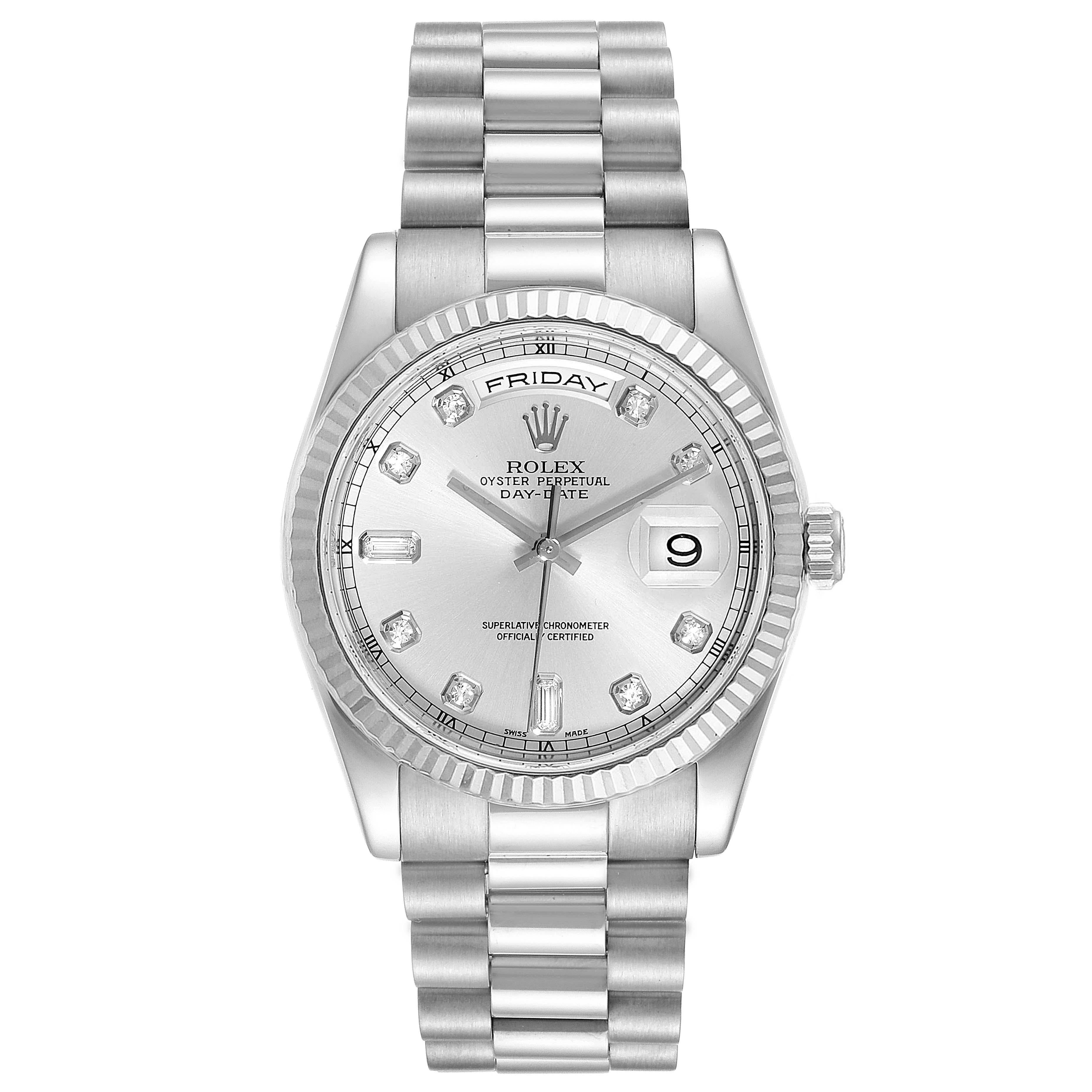 Rolex President Day-Date White Gold Diamond Mens Watch 118239 Box Papers. Officially certified chronometer self-winding movement. 18k white gold oyster case 36.0 mm in diameter. Rolex logo on a crown. 18k white gold fluted bezel. Scratch resistant