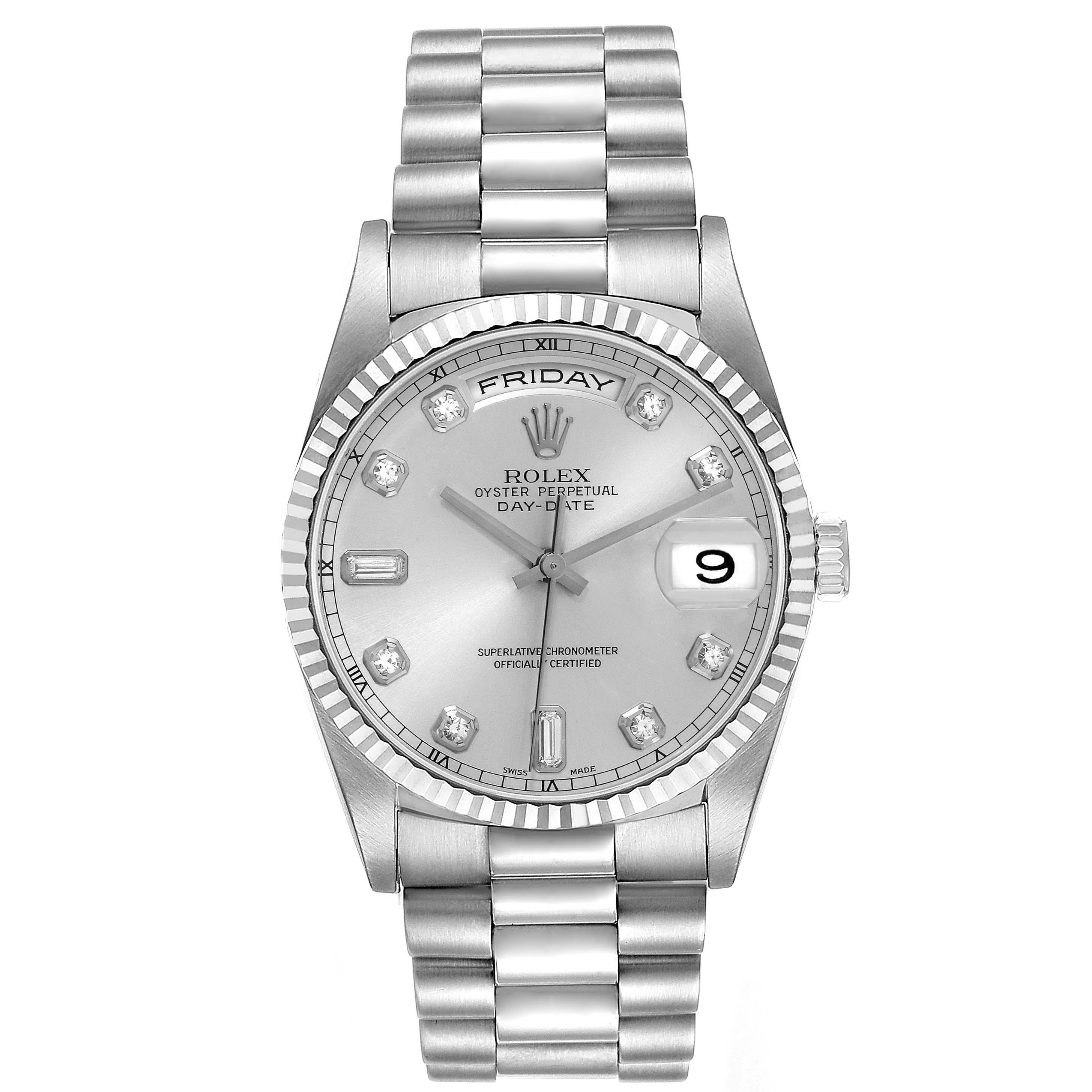 Rolex President Day-Date White Gold Diamond Mens Watch 18239 Box Papers. Officially certified chronometer self-winding movement with quickset date function. 18k white gold oyster case 36.0 mm in diameter. Rolex logo on a crown. 18k white gold fluted