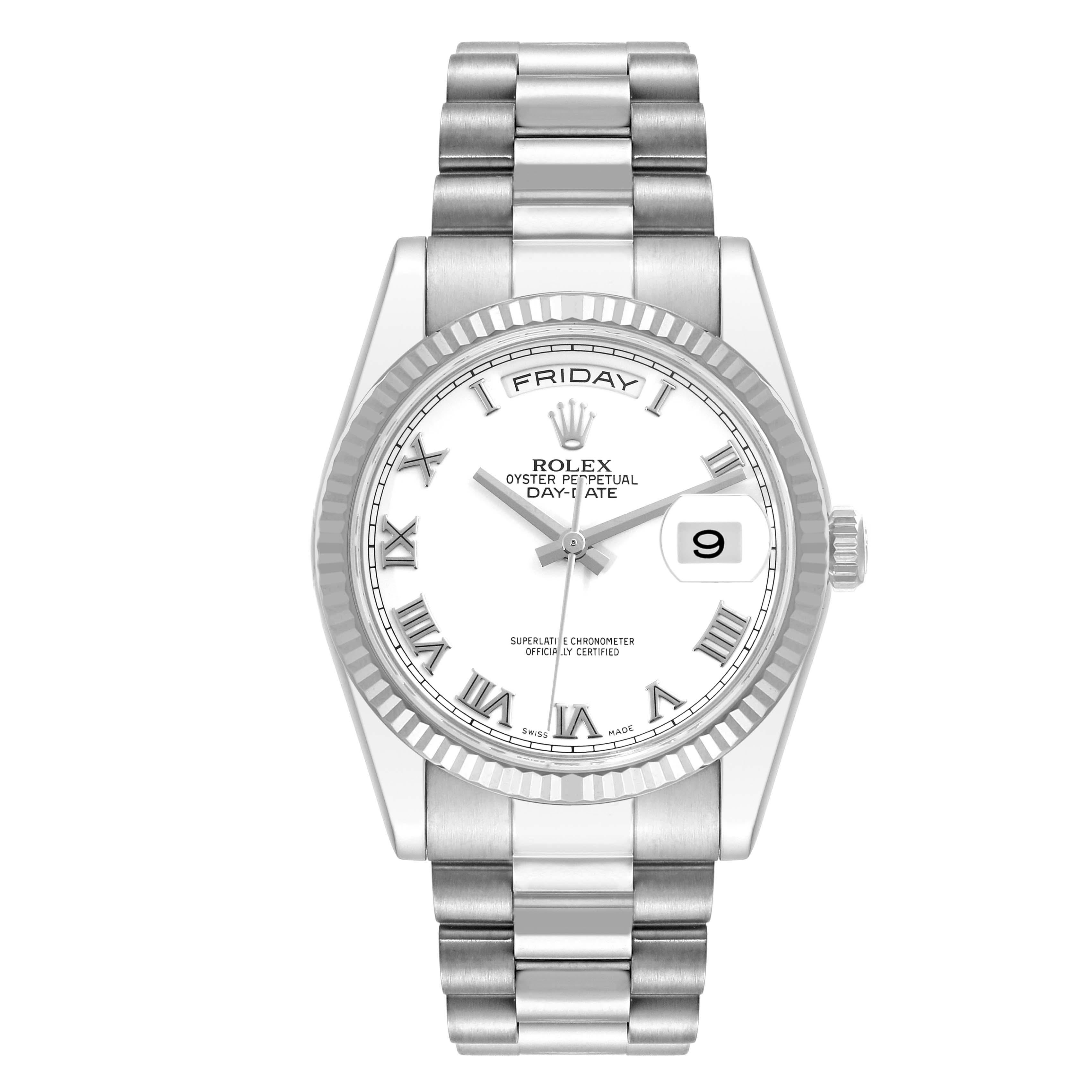 Rolex President Day-Date White Gold Mens Watch 118239 Box Card. Original Rolex officially certified chronometer self-winding movement with quickset date function. Original Rolex 18k white gold oyster case 36.0 mm in diameter. Rolex logo on a crown.