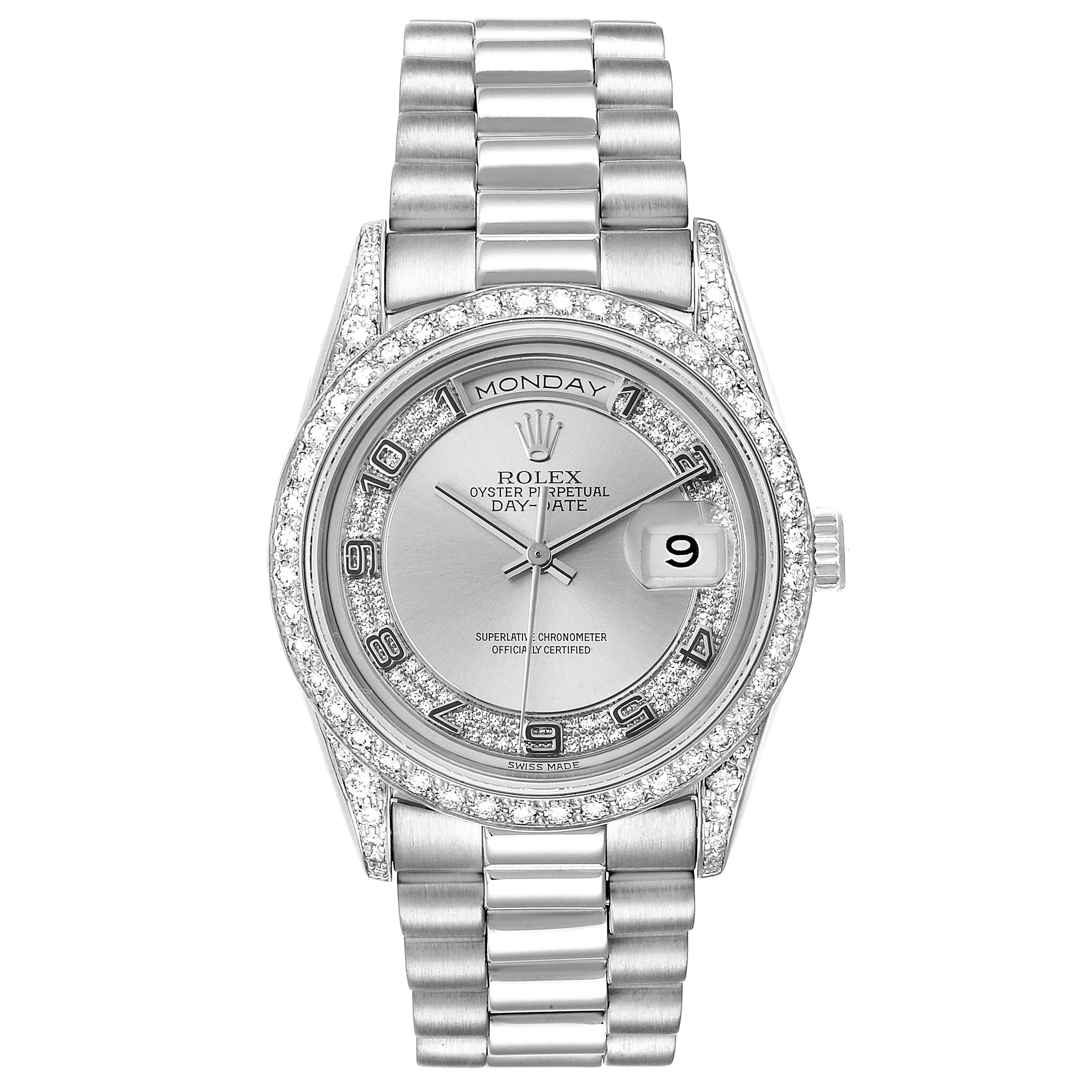 Rolex President Day-Date White Gold Myriad Diamond Mens Watch 18389. Officially certified chronometer self-winding movement. double quick set function. 18k white gold oyster case 36.0 mm in diameter. Rolex logo on a crown. Rolex factory diamond