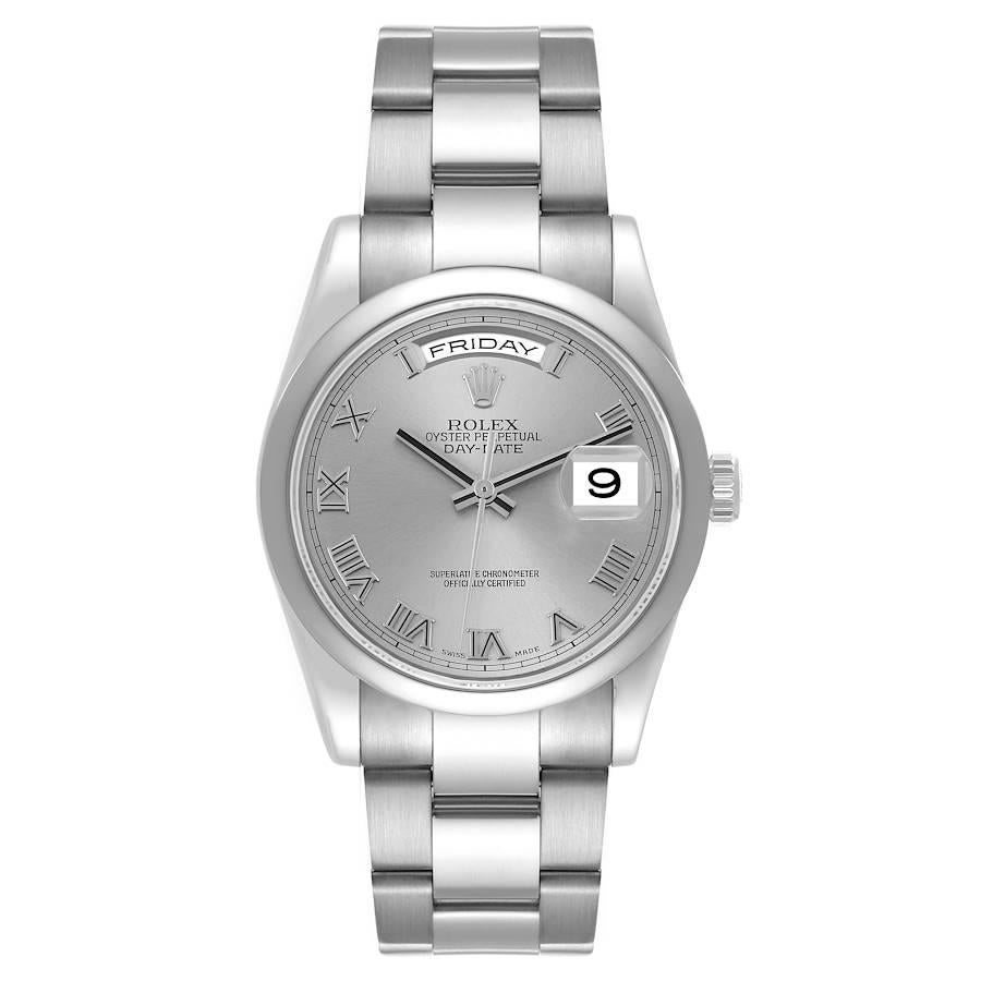 Rolex President Day-Date White Gold Silver Dial Mens Watch 118209. Officially certified chronometer self-winding movement. 18k white gold oyster case 36.0 mm in diameter. Rolex logo on a crown. 18k white gold smooth bezel. Scratch resistant sapphire