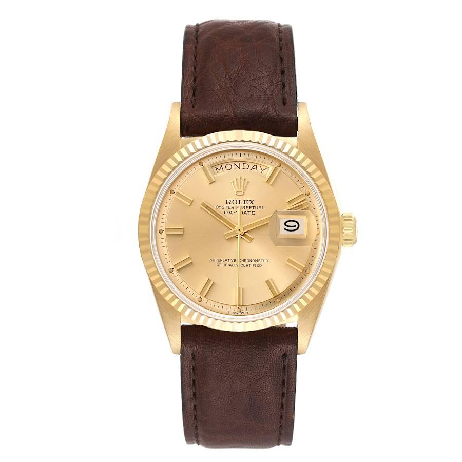 Rolex President Day-Date Wide Fat Boy Yellow Vintage Gold Mens Watch 1803. Officially certified chronometer self-winding movement. 18k yellow gold oyster case 36.0 mm in diameter.  Rolex logo on a crown. 18k yellow gold fluted bezel. Acrylic crystal