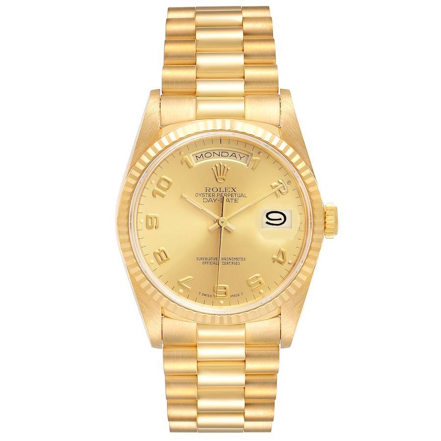 Rolex President Day-Date Yellow Gold Arabic Dial Mens Watch 18238 Tag. Officially certified chronometer self-winding movement. 18k yellow gold oyster case 36.0 mm in diameter. Rolex logo on a crown. 18K yellow gold fluted bezel. Scratch resistant
