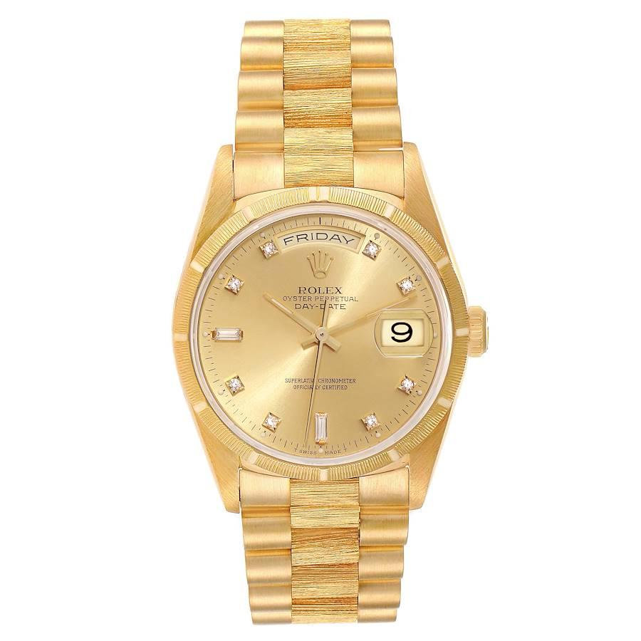 Rolex President Day-Date Yellow Gold Bark Diamond Dial Mens Watch 18248 Box Card. Officially certified chronometer self-winding movement. 18k yellow gold oyster case 36.0 mm in diameter.  Rolex logo on a crown. 18k yellow gold bark finish bezel.