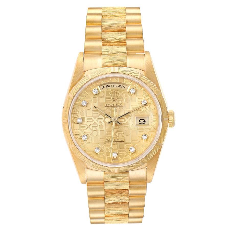 Rolex President Day-Date Yellow Gold Bark Diamond Dial Mens Watch 18248. Officially certified chronometer self-winding movement. 18k yellow gold oyster case 36.0 mm in diameter.  Rolex logo on a crown. 18k yellow gold bark finish bezel. Scratch